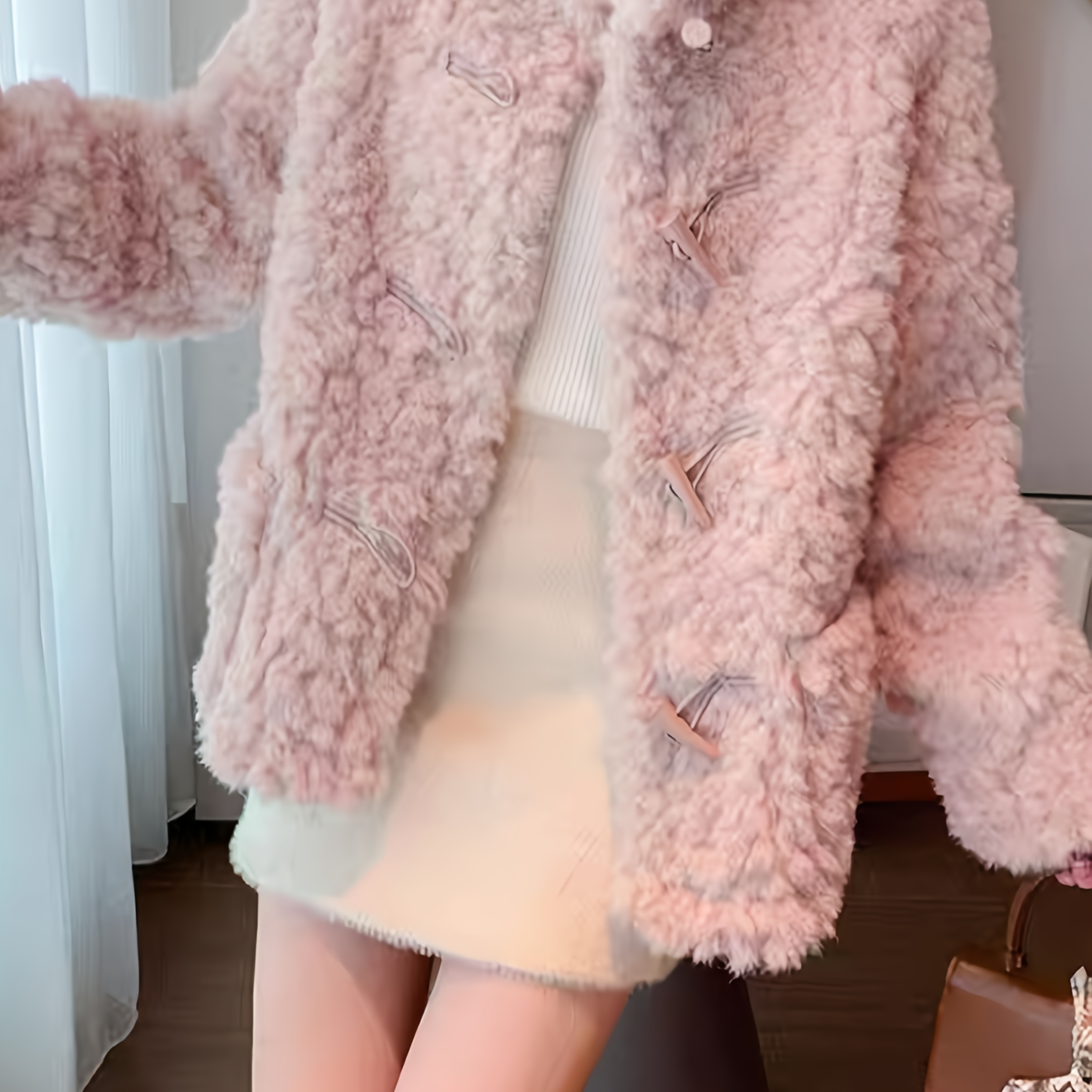 

Elegant Pink Sheepskin & Fur Coat For Women - Vintage-inspired, Button-up Outerwear With Long Sleeves, Fall & Winter, Chic And Warm