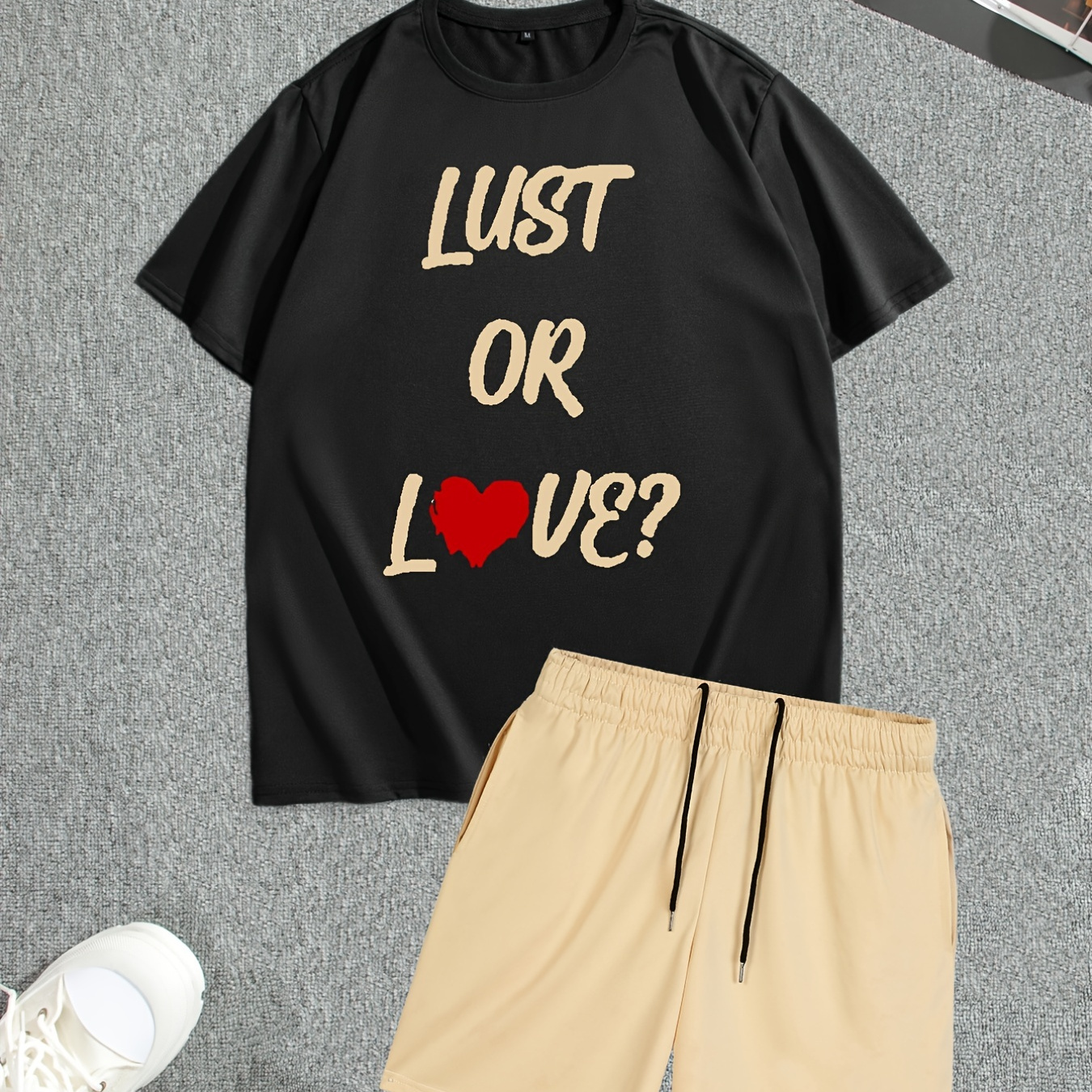 

Men' Style Summer 2pcs Outfits, Male's Trend Short-sleeve Crew Neck T-shirt Drawstring Shorts Set, Casual Clothes For Men