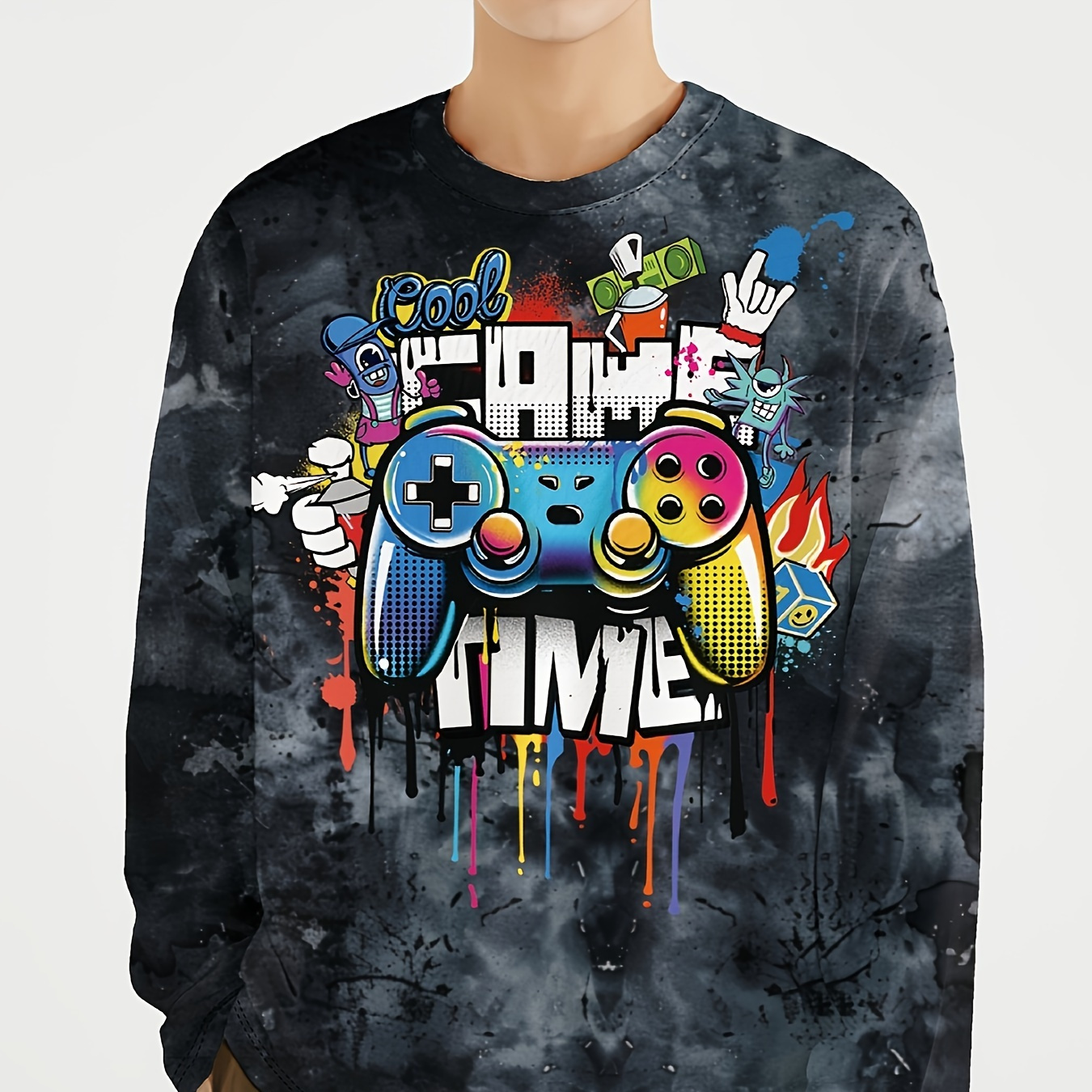 

Boy's Long Sleeve Crew Neck T-shirt, Gamer Pattern Print Top For Autumn And Winter Outdoor Casual Activities