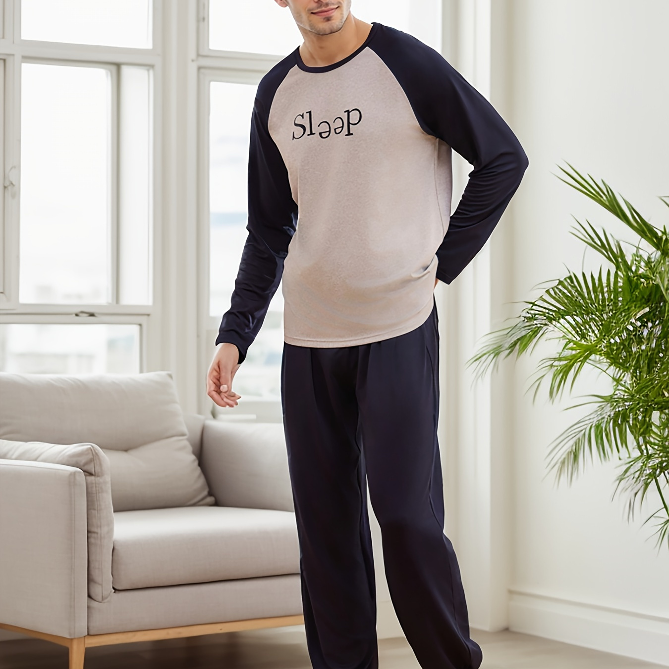 

Men's Casual Crew Neck Pajama Set - Geometric Pattern Knit Fabric Sleepwear With Polyester And Elastane - Comfortable Spring/fall Long Sleeve And Pants Loungewear Set