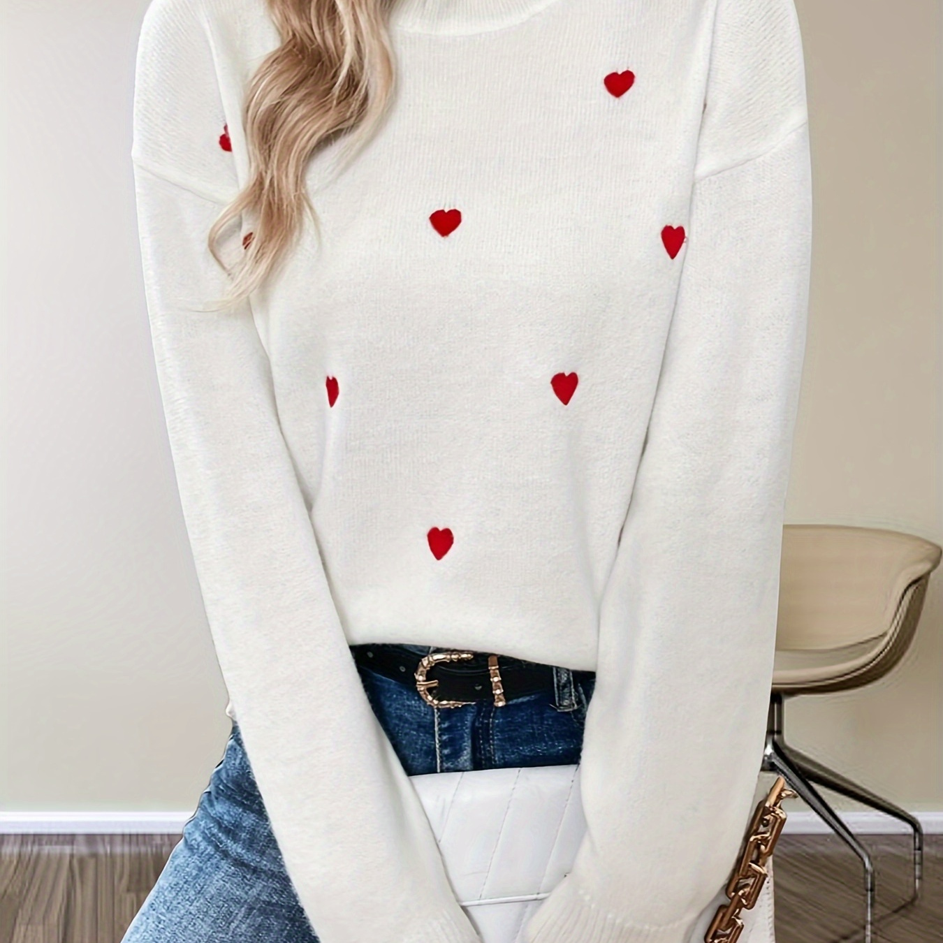 

Heart Pattern Drop Shoulder Sweater, Casual Long Sleeve Sweater For Fall & Winter, Women's Clothing