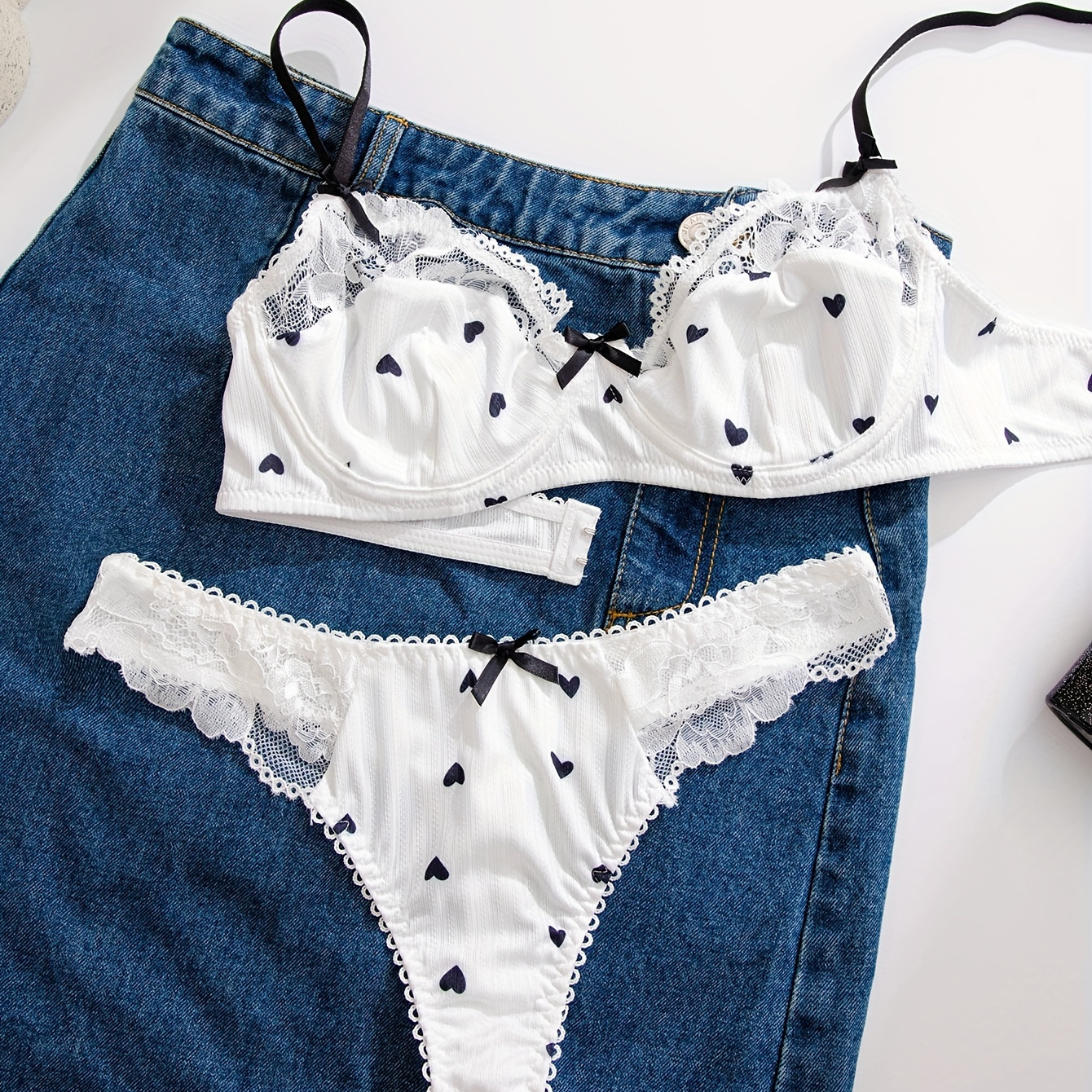 

Heart Print Bra & Panties, Contrast Lace Bra & Elastic Thong Lingerie Set, Women's Lingerie & Underwear