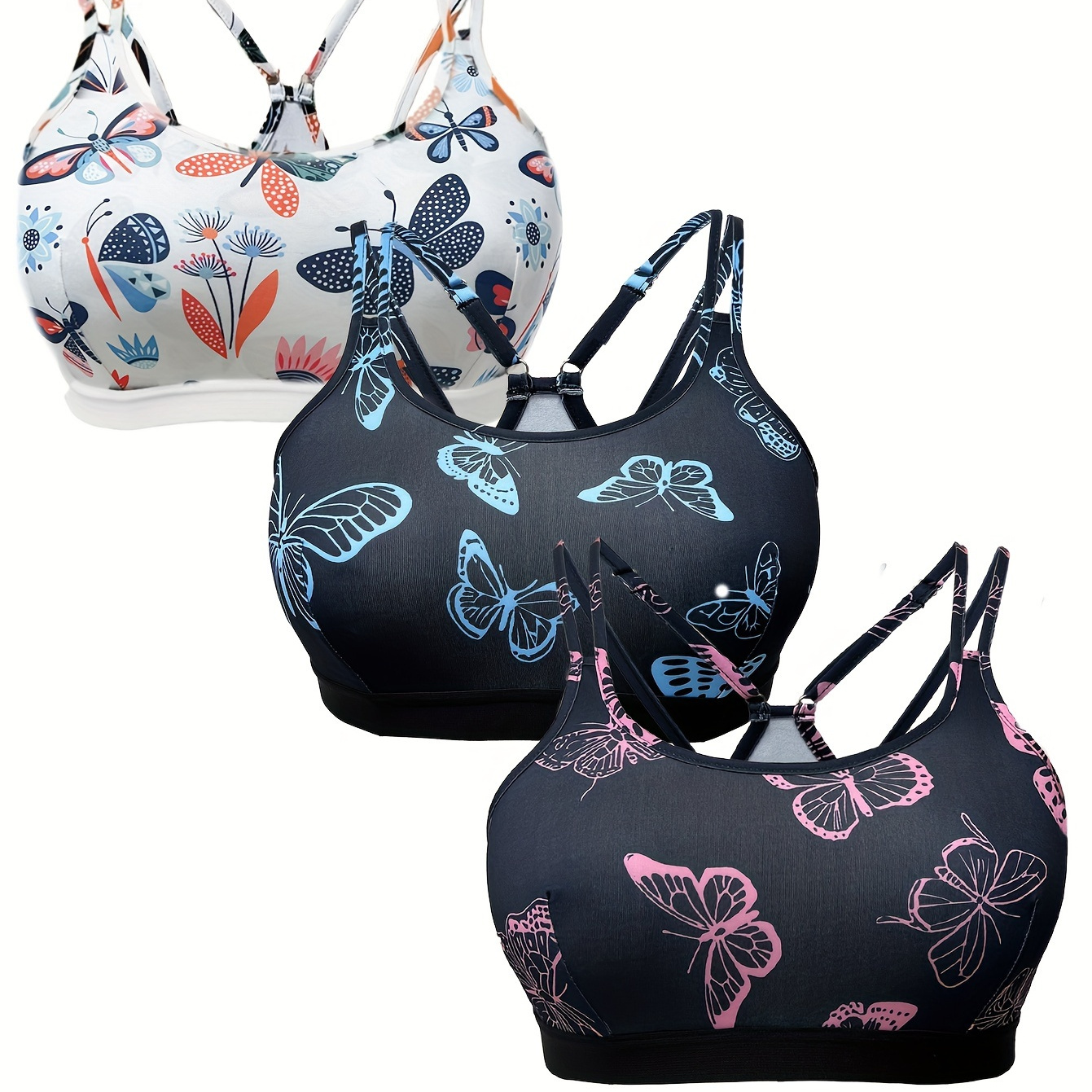 

3pcs Plus Size Sexy Bra, Women's Print Double Layer Non Padded Daily Bralette