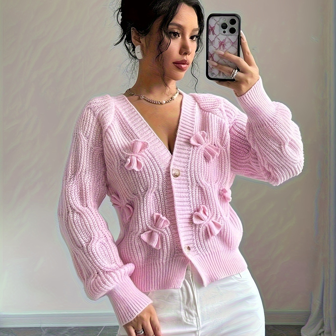 

1pc Elegant V-neck Women's Cardigan With Bow Appliques, 100% Polyester Knitwear, Solid Color, Fashion Sweater