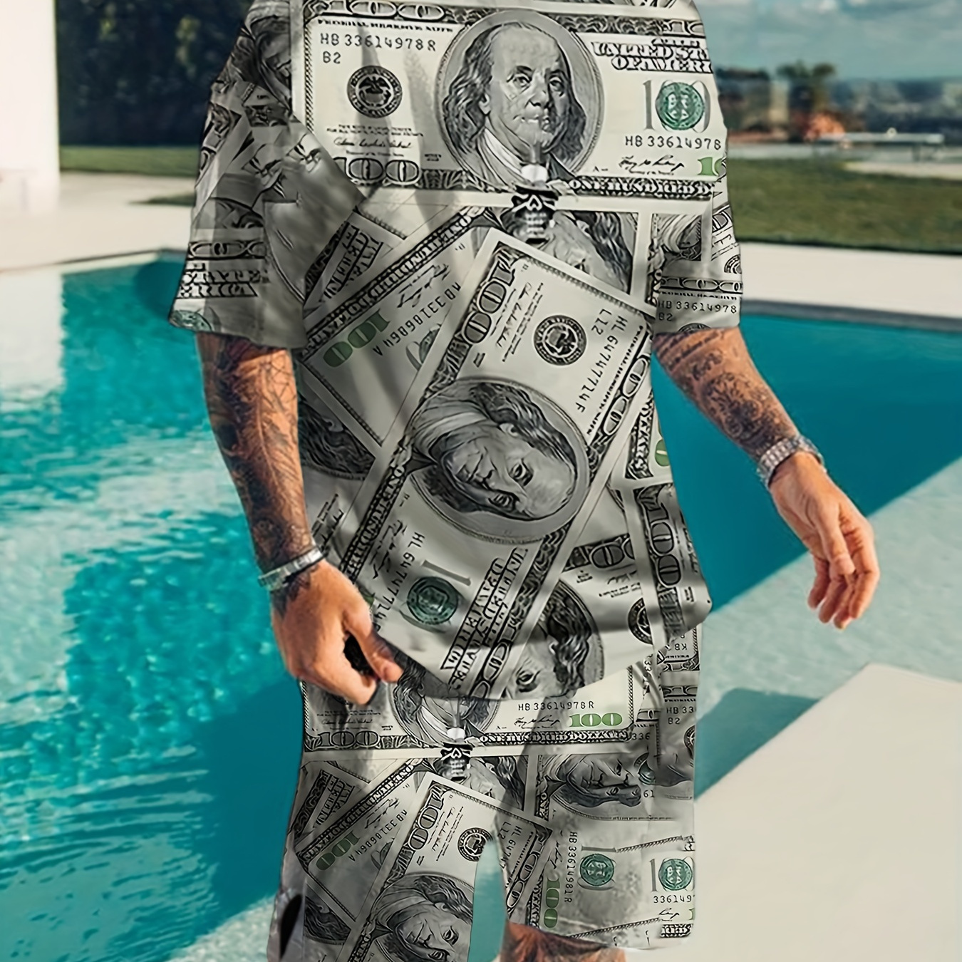 

2-piece Men's Novelty Dollar 3d Print Summer Outfit Set, Men's Short Sleeve T-shirt & Fashion Shorts Set