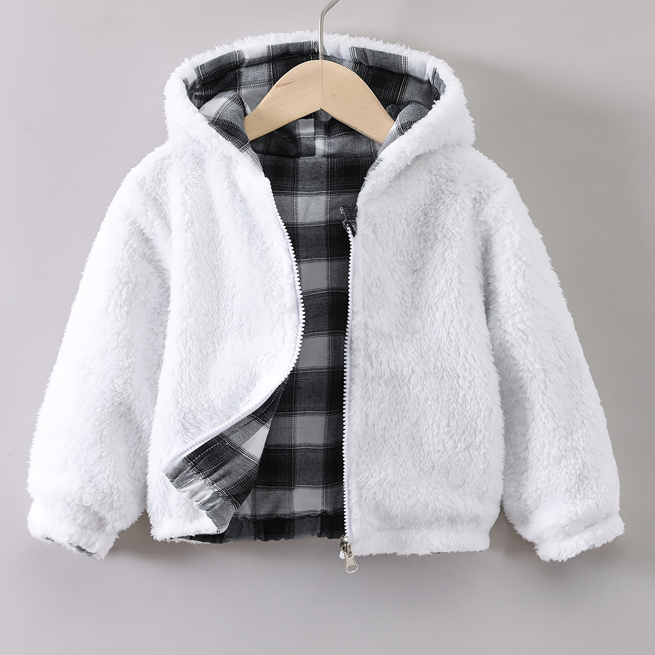 Boys Casual Plaid Non Stretch Hooded Fleece Zip Up Jacket, Kids Clothing For Fall Winter