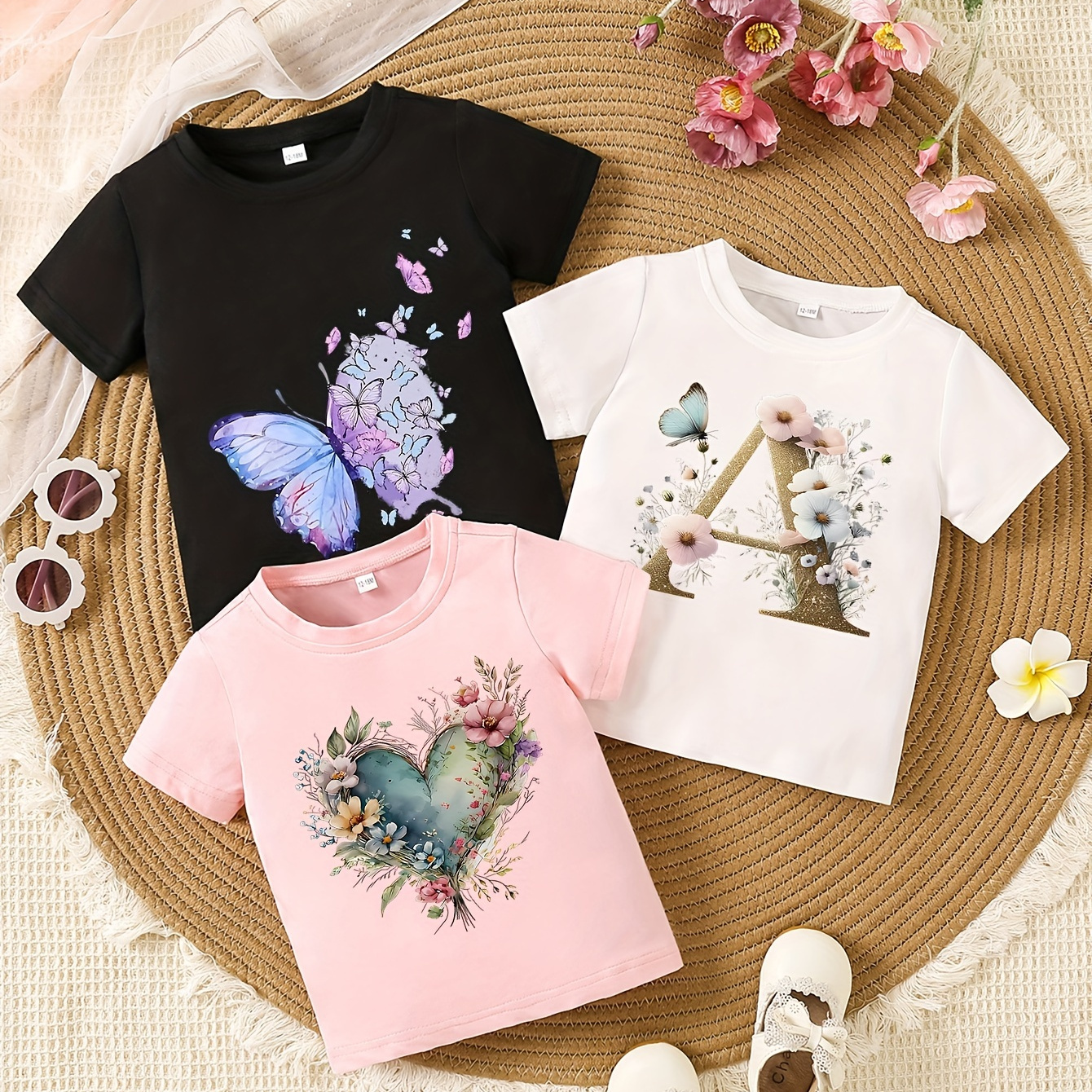 

3-pack Baby Girls' Summer Short Sleeve Tees With , Letter A, And Floral Heart Prints, Casual Crew Neck Polyester Tops With Slight Stretch, Knit Fabric, Regular Fit - Halloween Pattern
