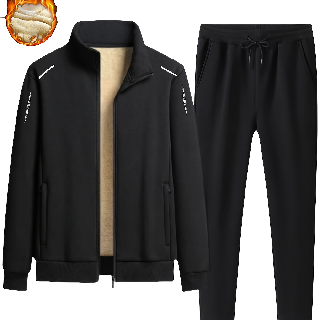 

Men's Fleece-lined Casual Tracksuit - Warm Stand Collar Zip Jacket & Joggers Set For Fall/winter, Outdoor Activities