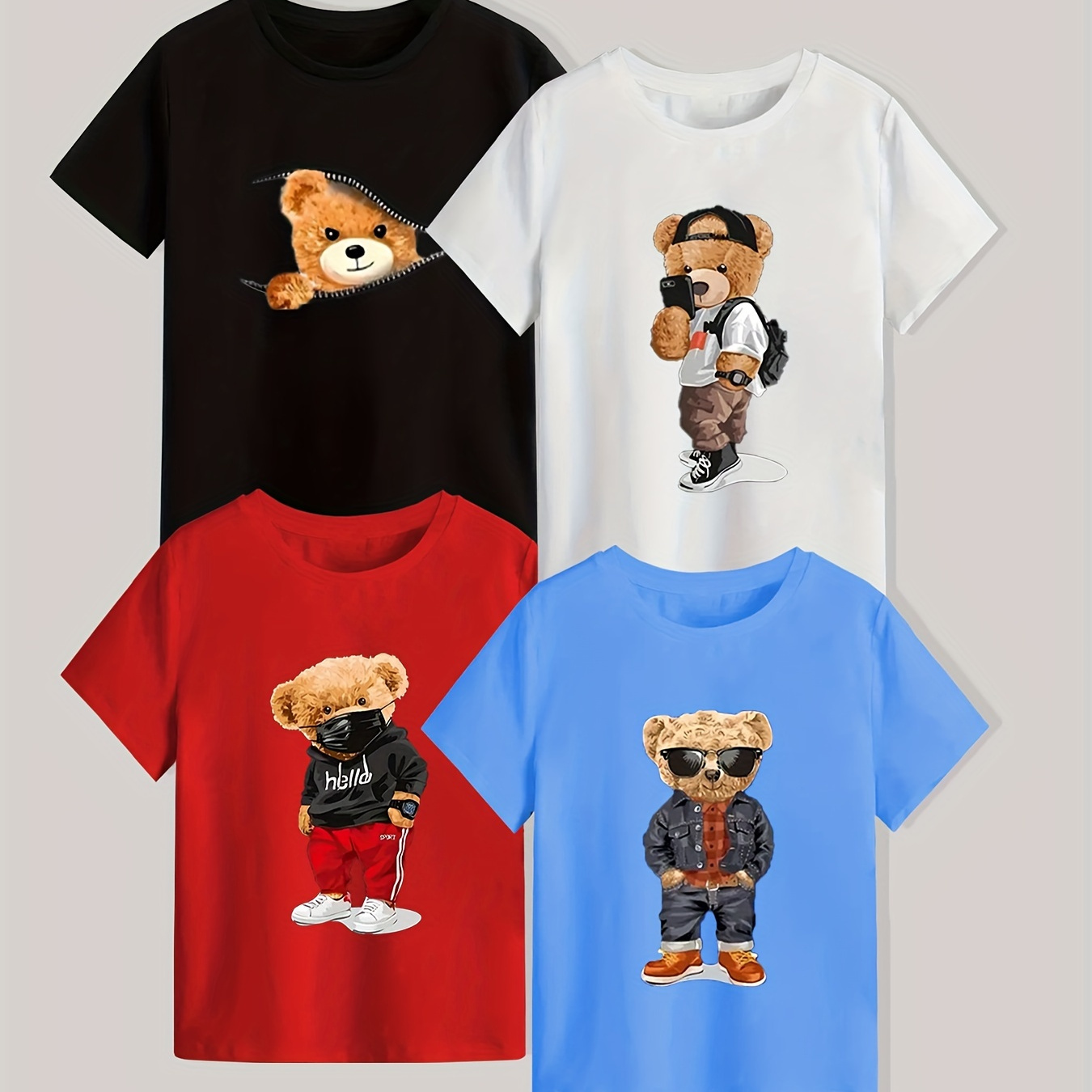 

4pcs Cartoon Bear-themed Print Boys Casual Short Sleeve T-shirts - Comfortable & Stylish Tops For Summer - Ideal Gift For Your Fashionistas