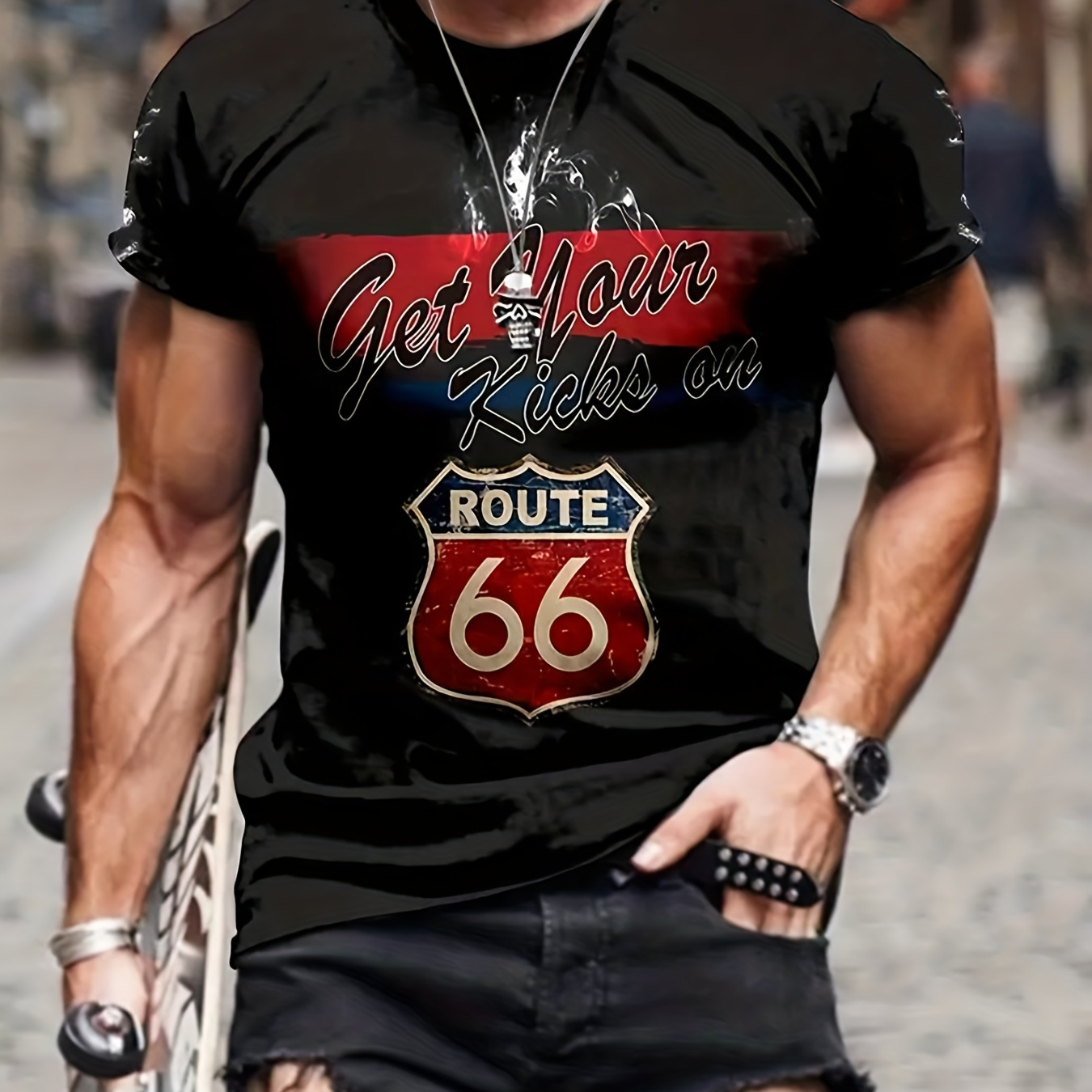 

Route 66 3d Digital Pattern Print Men's Graphic T-shirts, Causal Comfy Tees, Short Sleeve Pullover Tops, Men's Summer Outdoor Clothing