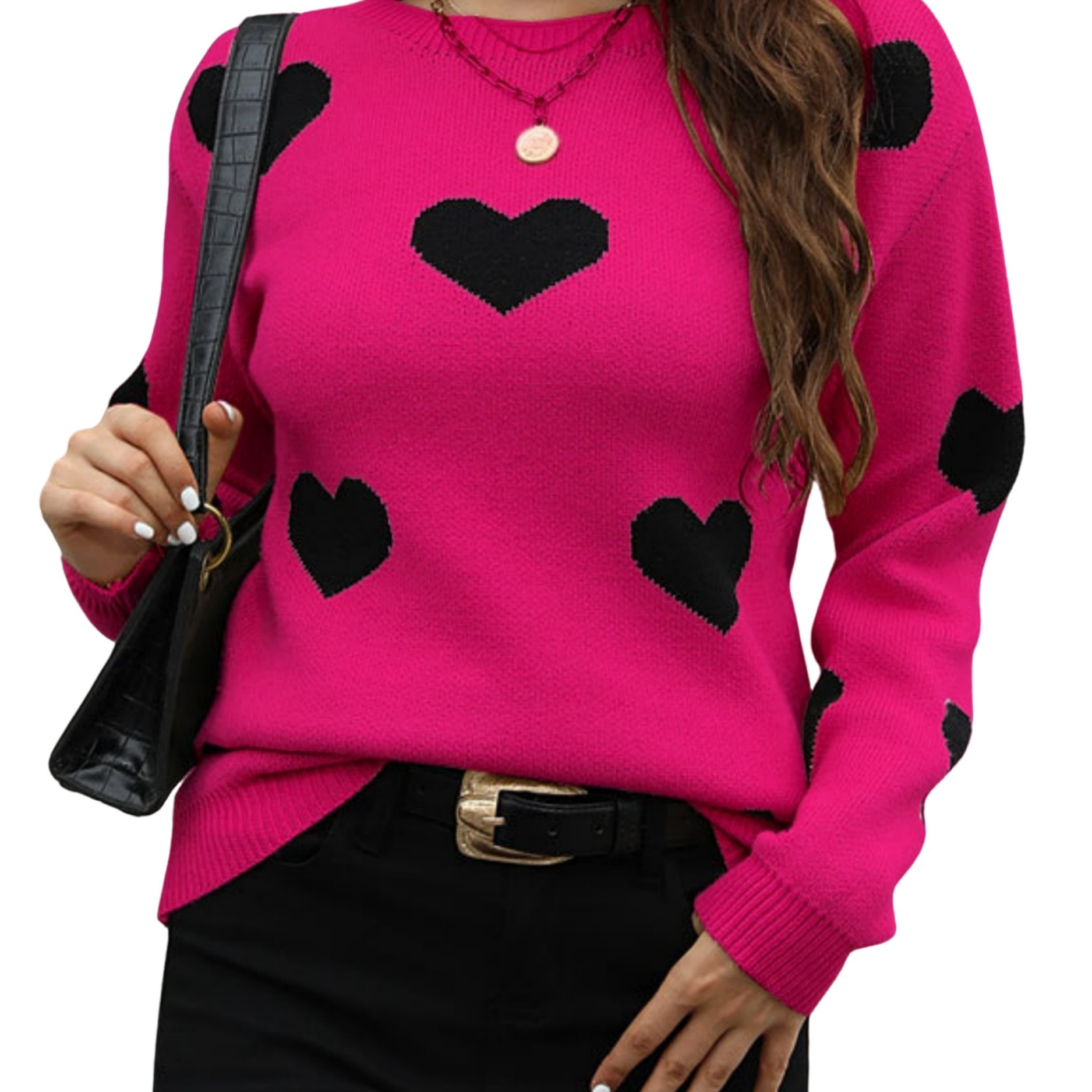 

1pc Women's Long Sleeve Pullover Sweater With Heart Pattern - Casual Round Neck Knitwear In Rayon/viscose , Regular