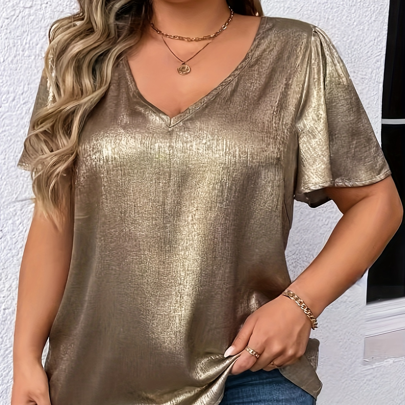 

Women's Plus Size V-neck Blouse, Elegant Short Sleeve Top, Casual Polyester Shirt, Solid Color, Non-stretch Fabric, Woven Pullovers For Spring/summer, Weekend Casual Wear