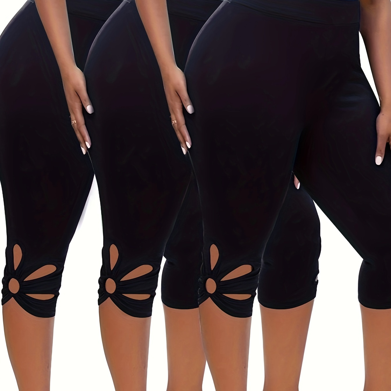 

3-pack Plus Size Women's Solid Color Hollow-out Ring Stretchy Yoga Capris, High-waisted Slimming Sports Leggings Set