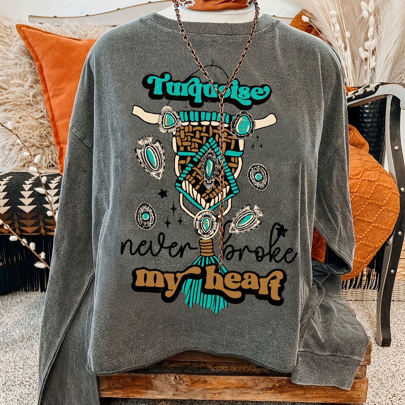 

Women's Casual Crew Neck Sweatshirt With Turquoise Jewelry & Skull Print, 100% Polyester Knit Fabric, Cartoon Pattern, Long Sleeve Pullover For Spring/fall