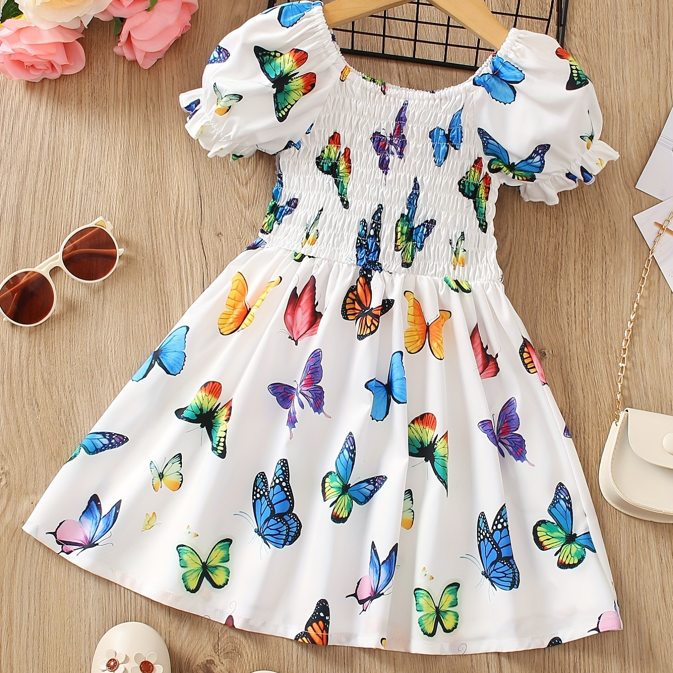 

Toddler Girls Puff Sleeve Frill Trim Shirred Colorful Butterfly Graphic Princess Dress For Party Beach Vacation, Cute Romantic Kids Summer Clothes