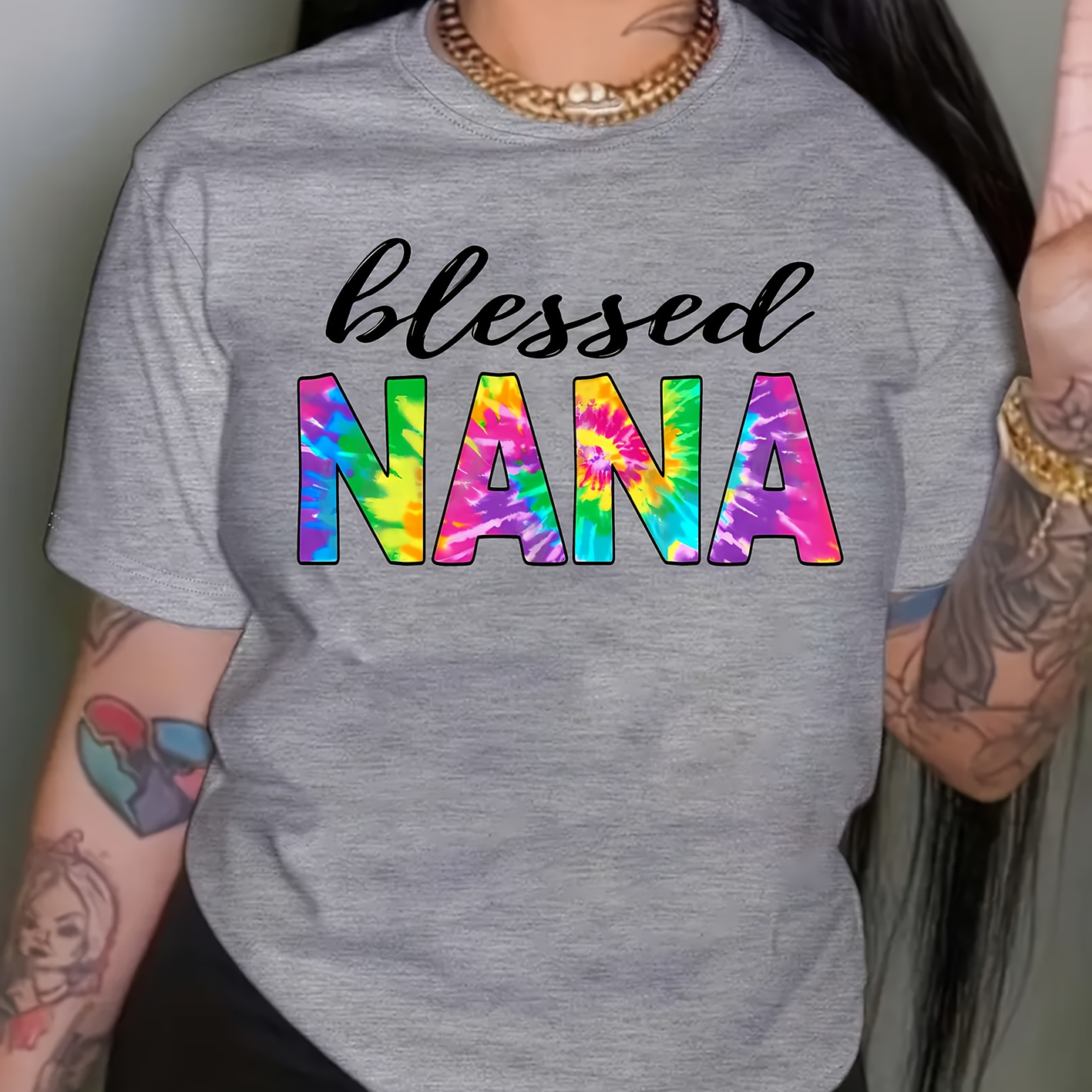 

Women's Casual Round Neck Short Sleeve Pullover T-shirt With "blessed Nana" Rainbow Print