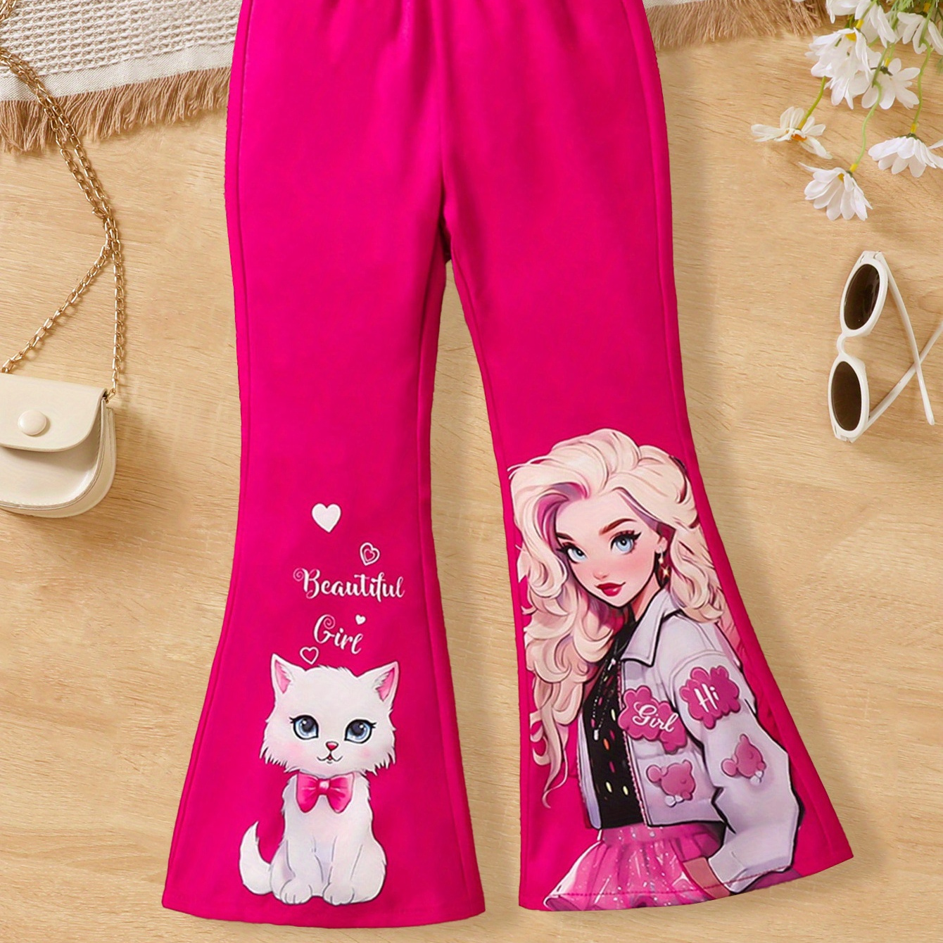 

Girls Trendy & Stylish Cartoon Kitten & Girl Graphic Print Flared Pants For Fall & Spring Outdoors