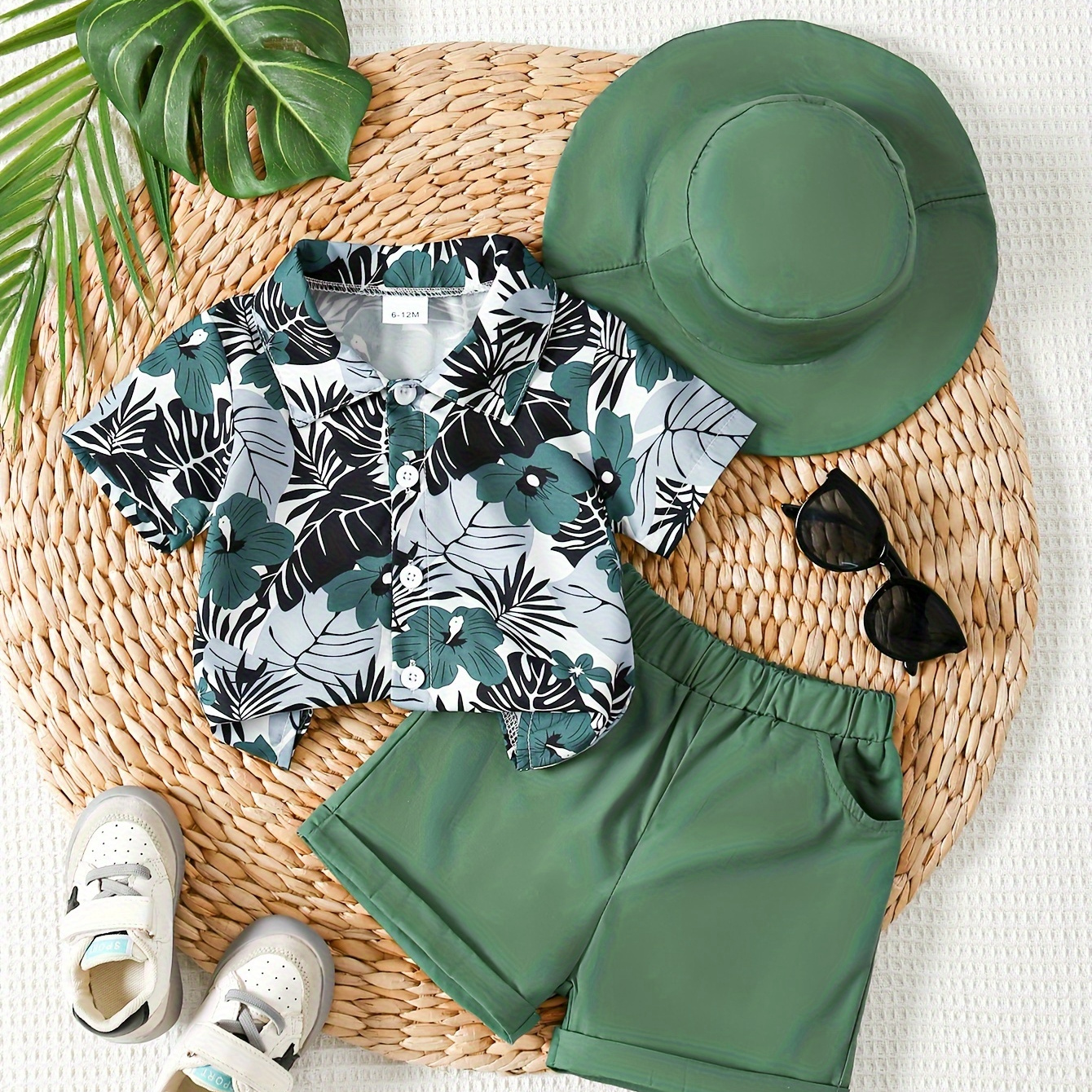 

2pcs Toddler Boys Summer Outfit Set With Floral Print Shirt, Pure Cotton Shorts, And Bucket Hat For Beach & Farm Vacations Casual Style