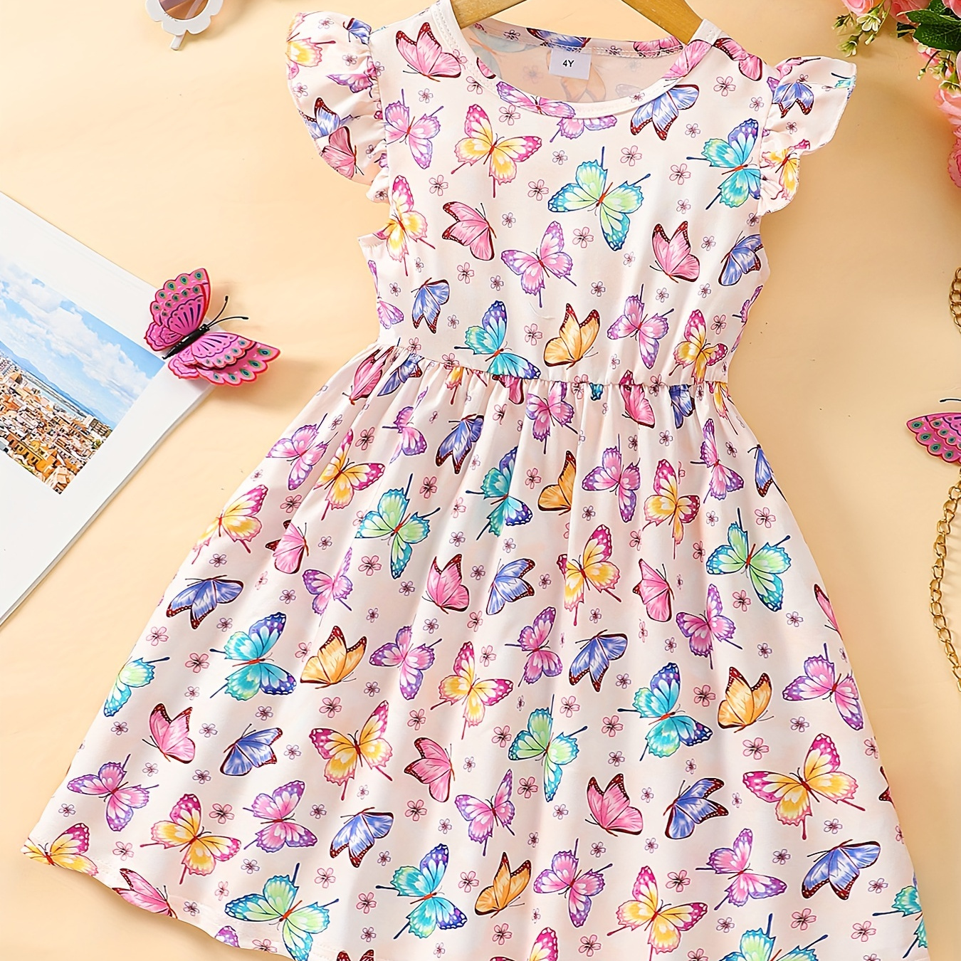 

Butterflies Allover Ruffle Sleeve Dress For Girls, Comfy Breathable A-line Casual Dresses