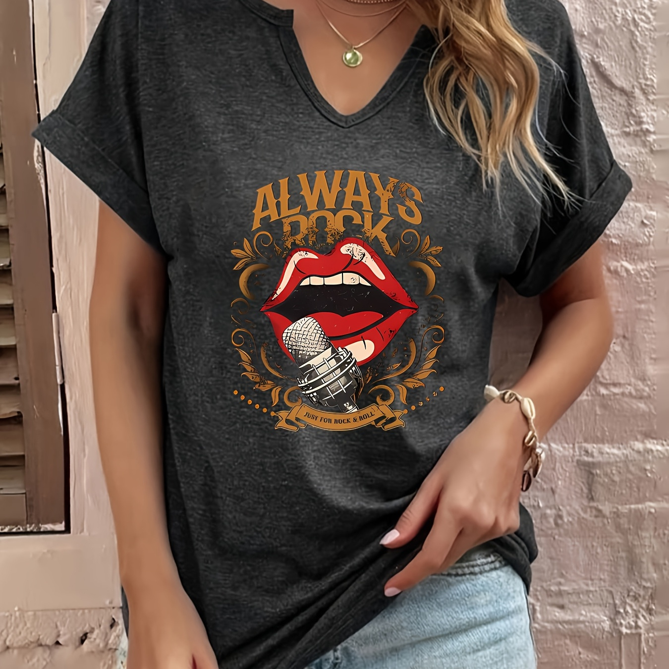 

Rock Letter Print T-shirt - Women's Short Sleeve V-neck Casual Top, Summer Fashion, Polyester , Polyester