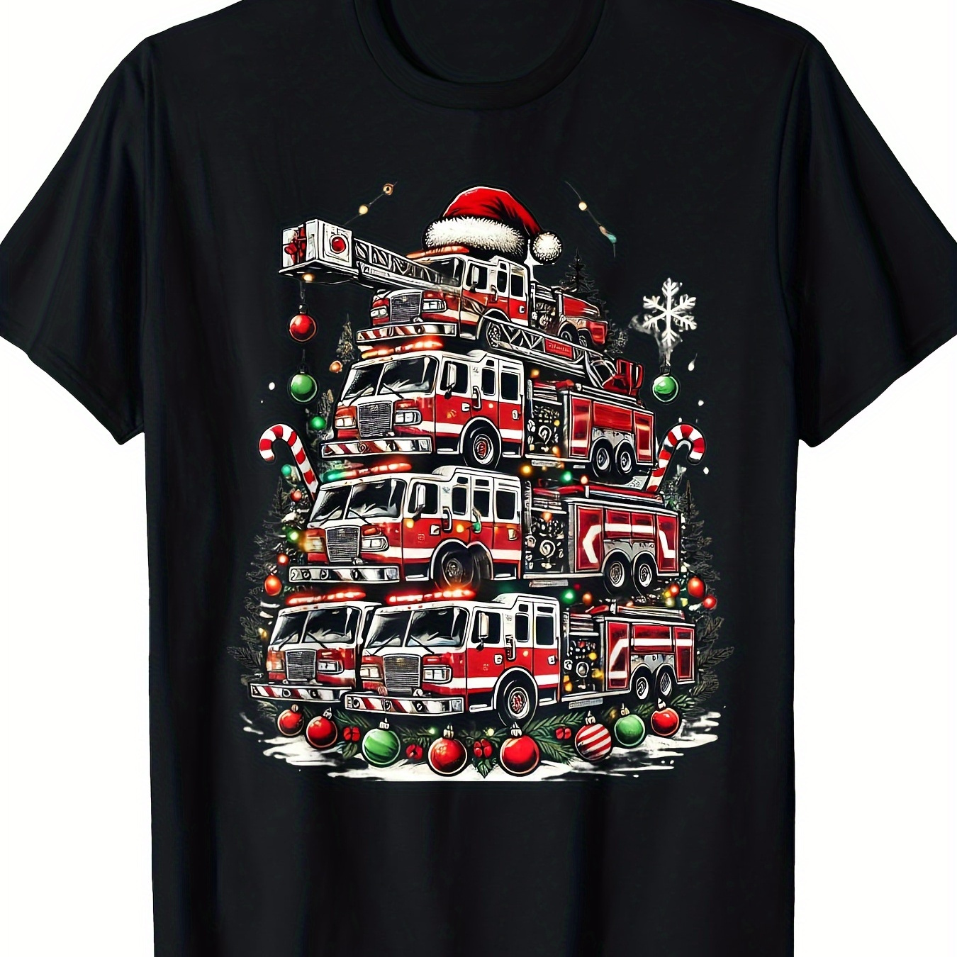 

Firefighter Fire Truck Christmas Tree Lights Santa Fireman T-shirt -100% Cotton-220ghirt