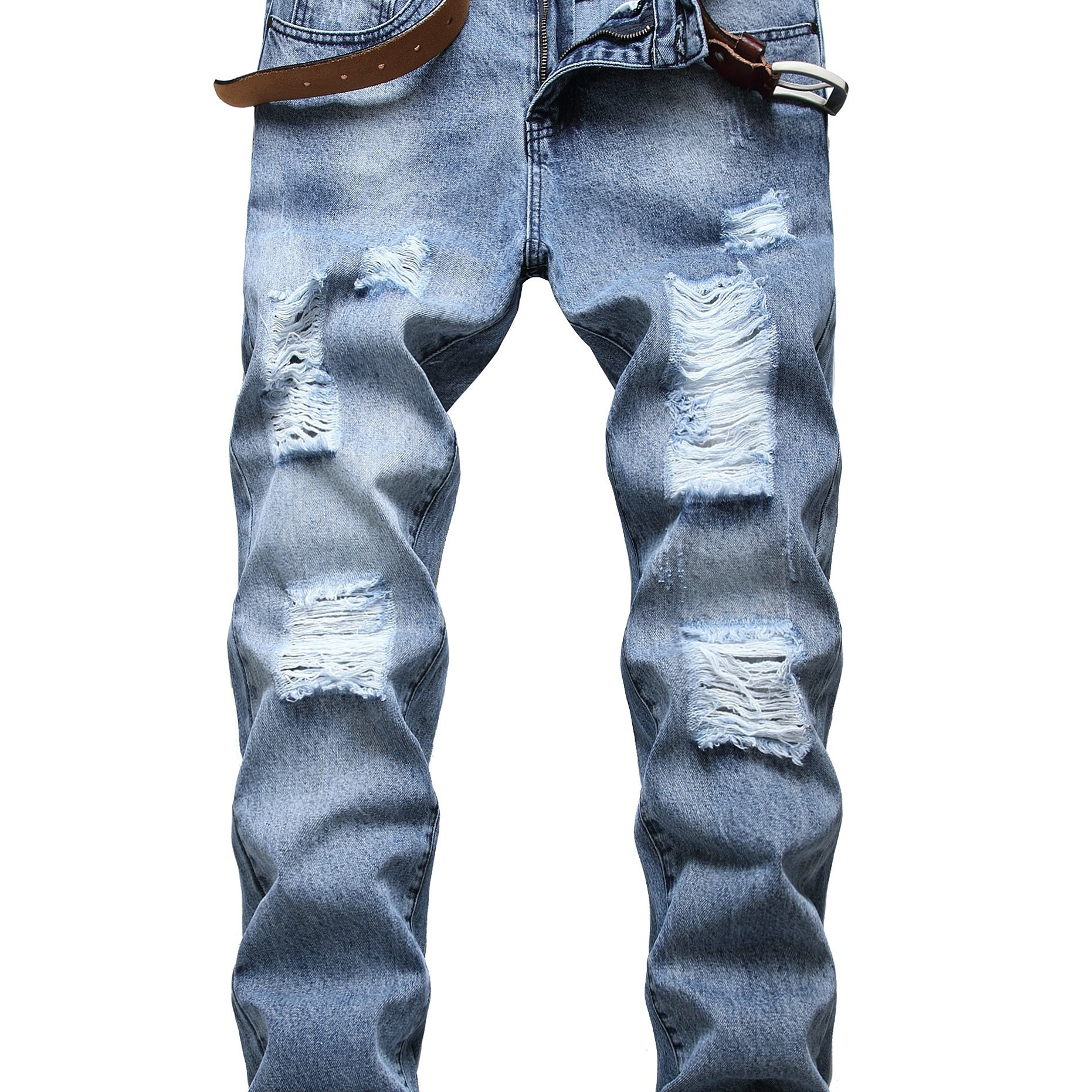 Plus Size Men's Solid Ripped Jeans Fashion Casual Denim Pants For Fall Winter, Men's Clothing