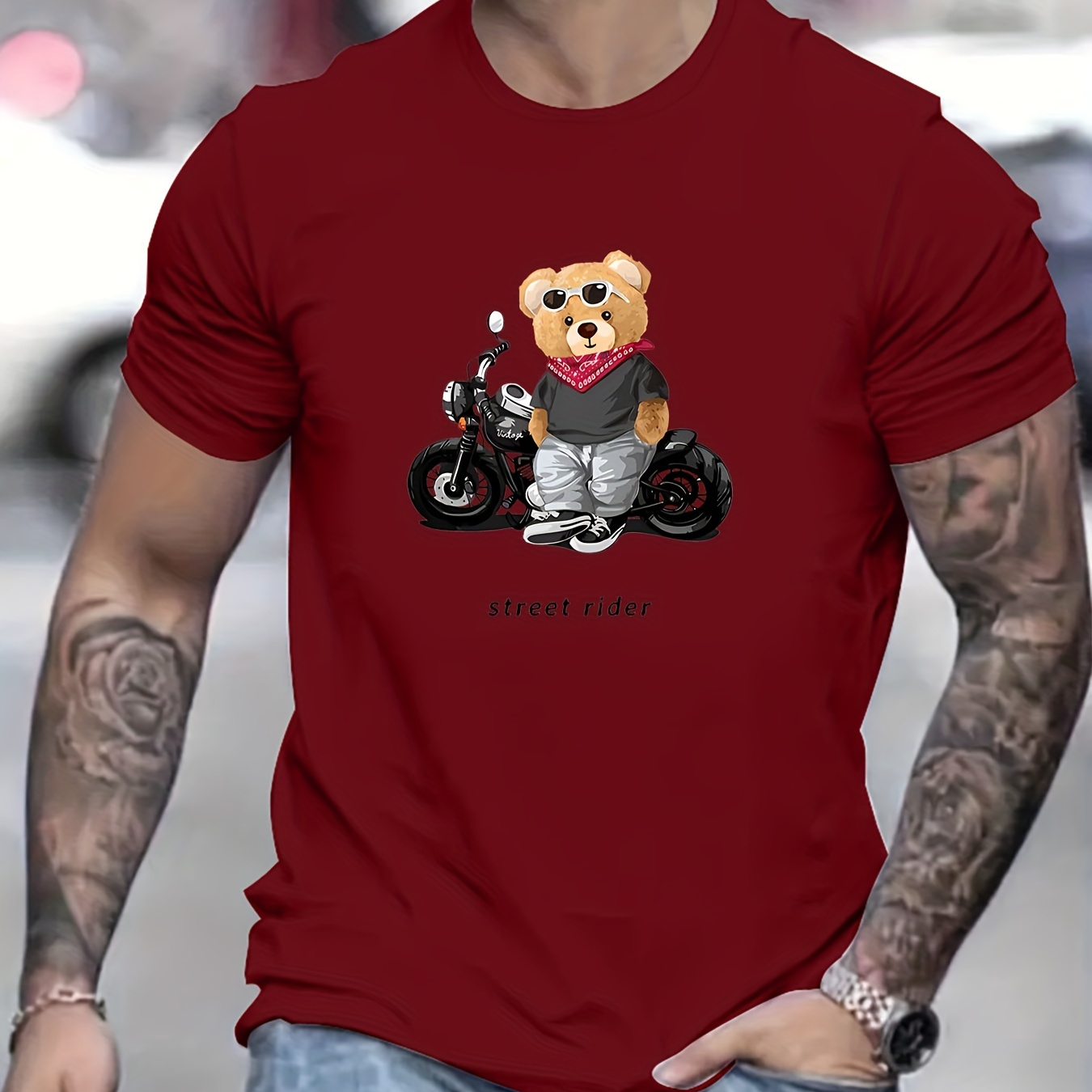 

Street Rider Toy Bear Pattern Men's T-shirt For Summer Outdoor, Men's Trendy Graphic Crew Neck Tops