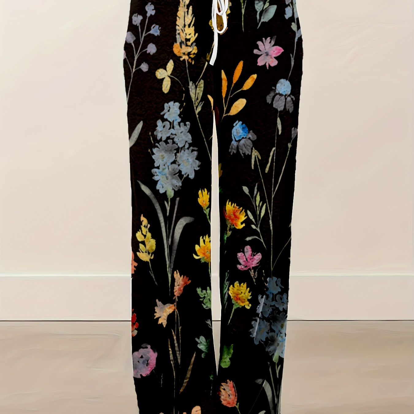 

Plus Size Floral Print Drawstring Pants, Casual Straight Leg Pants For Spring & Fall, Women's Plus Size Clothing