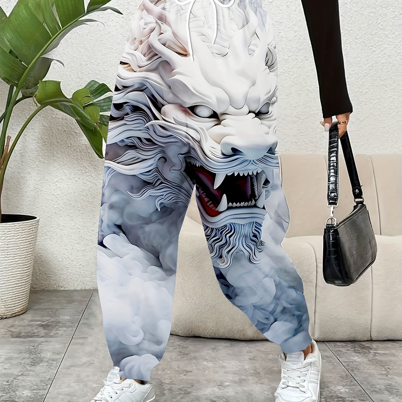 

White Dragon Print Elastic Waist Sporty Pants, Casual Baggy Drawstring With Pockets Pants For Every Day, Women's Clothing