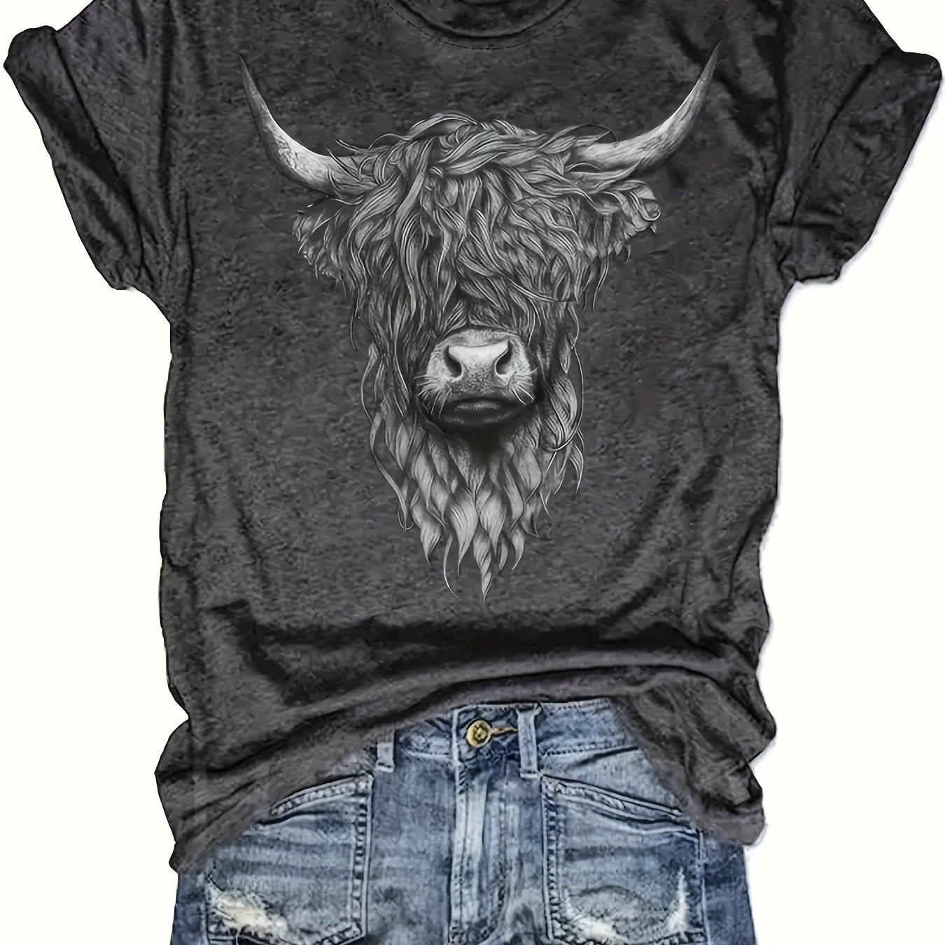 

Plus Size Cow Head Print T-shirt, Casual Crew Neck Short Sleeve T-shirt For Spring & Summer, Women's Plus Size Clothing