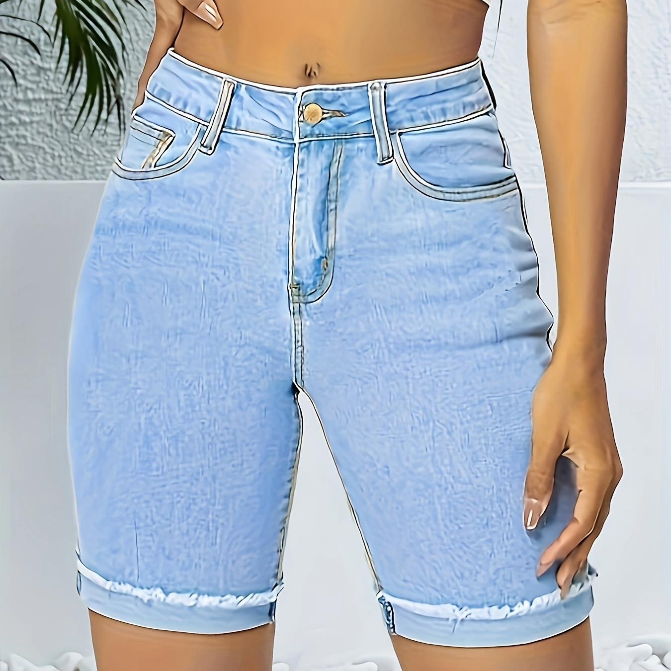 

Raw Hem Plain Washed Blue High Rise Bermuda Stretchy Denim Shorts Jorts, Women's Denim Jeans & Clothing