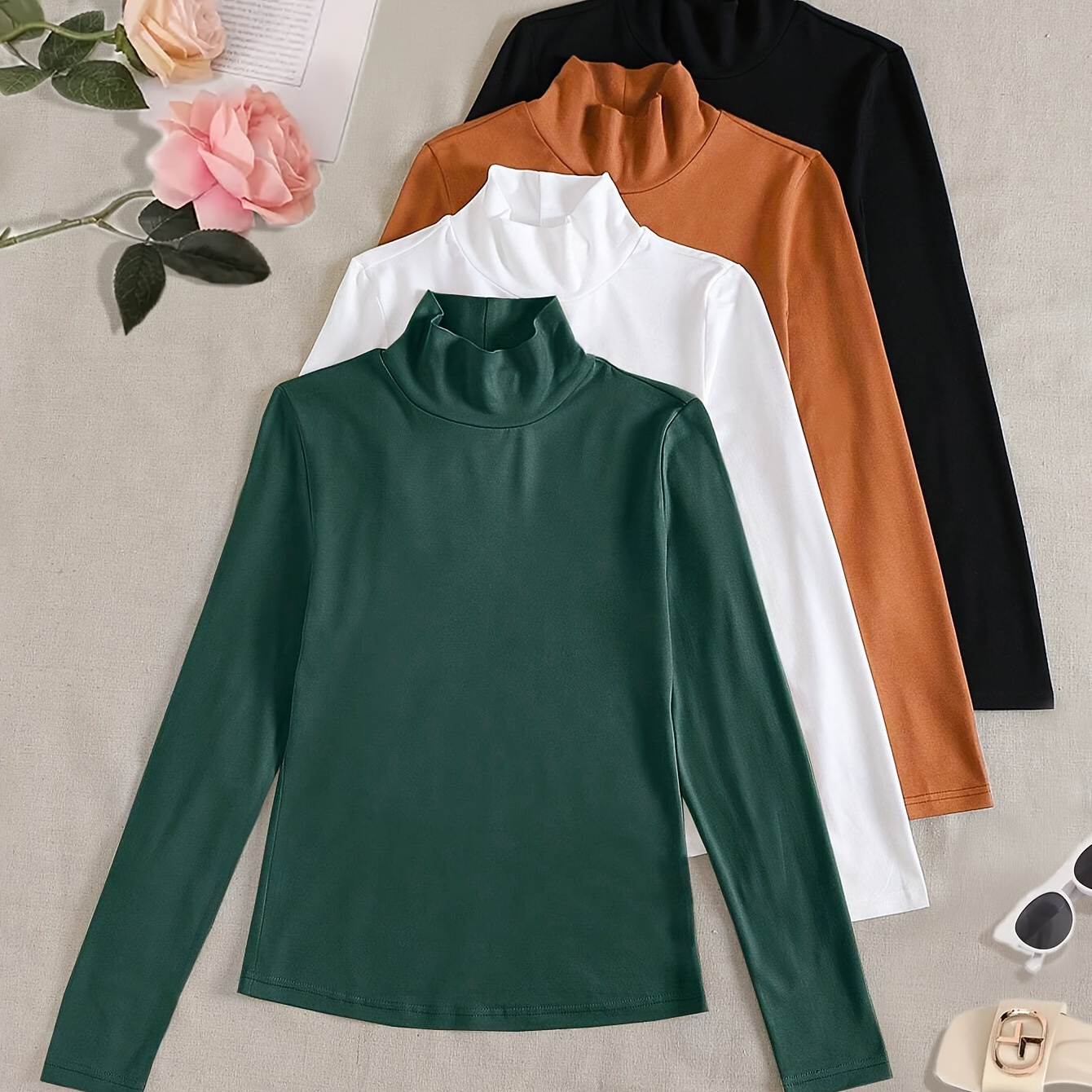 

4 Packs Turtleneck T-shirts, Casual Long Sleeve Top For Spring & Fall, Women's Clothing