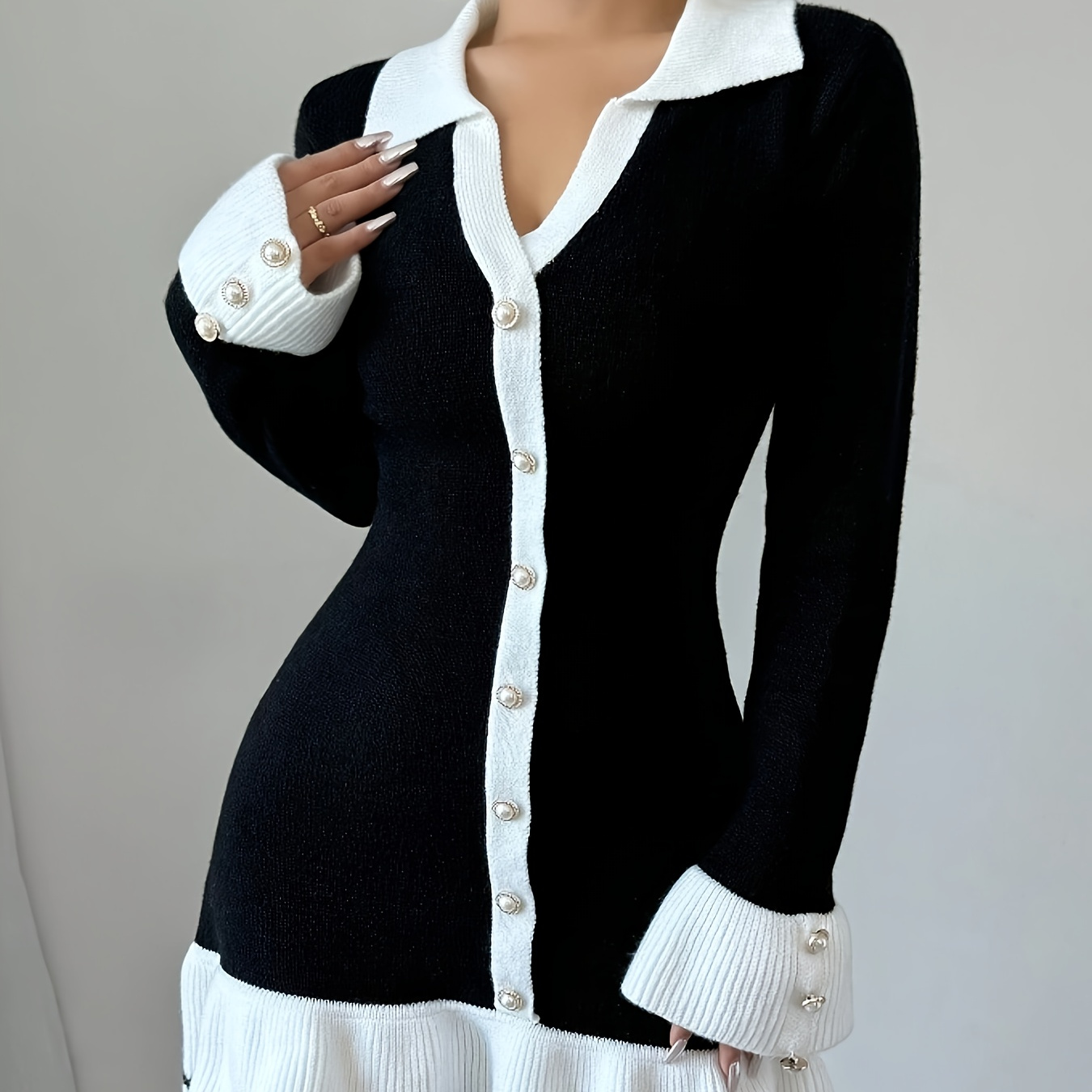 

Elegant Black & White Knit Sweater Dress For Women - V-neck, Long Sleeve, A- With Decorative Buttons, Fall/winter