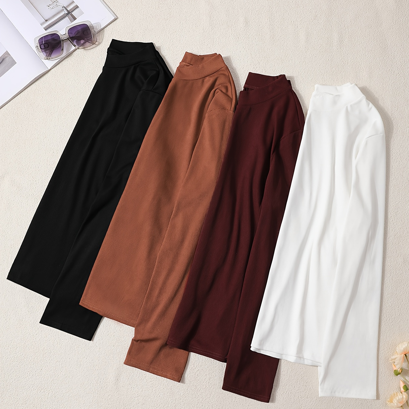 

4pcs Plus Size Top, Women's Ribbed Long Sleeve Top For Fall &