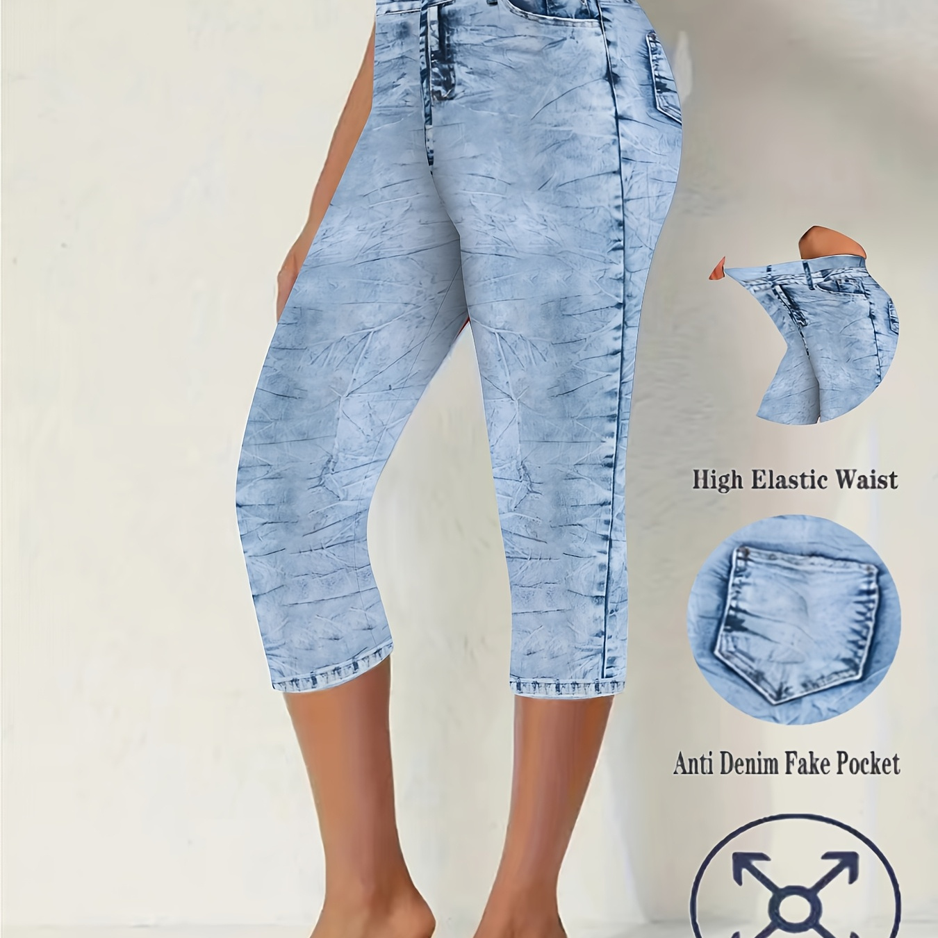 

Chic Vacation-style Stretchy Capri Leggings For Women - Fashionable Denim Print With Elastic Waistband, Mid-calf Length, Lightweight Polyester Blend, Machine Washable