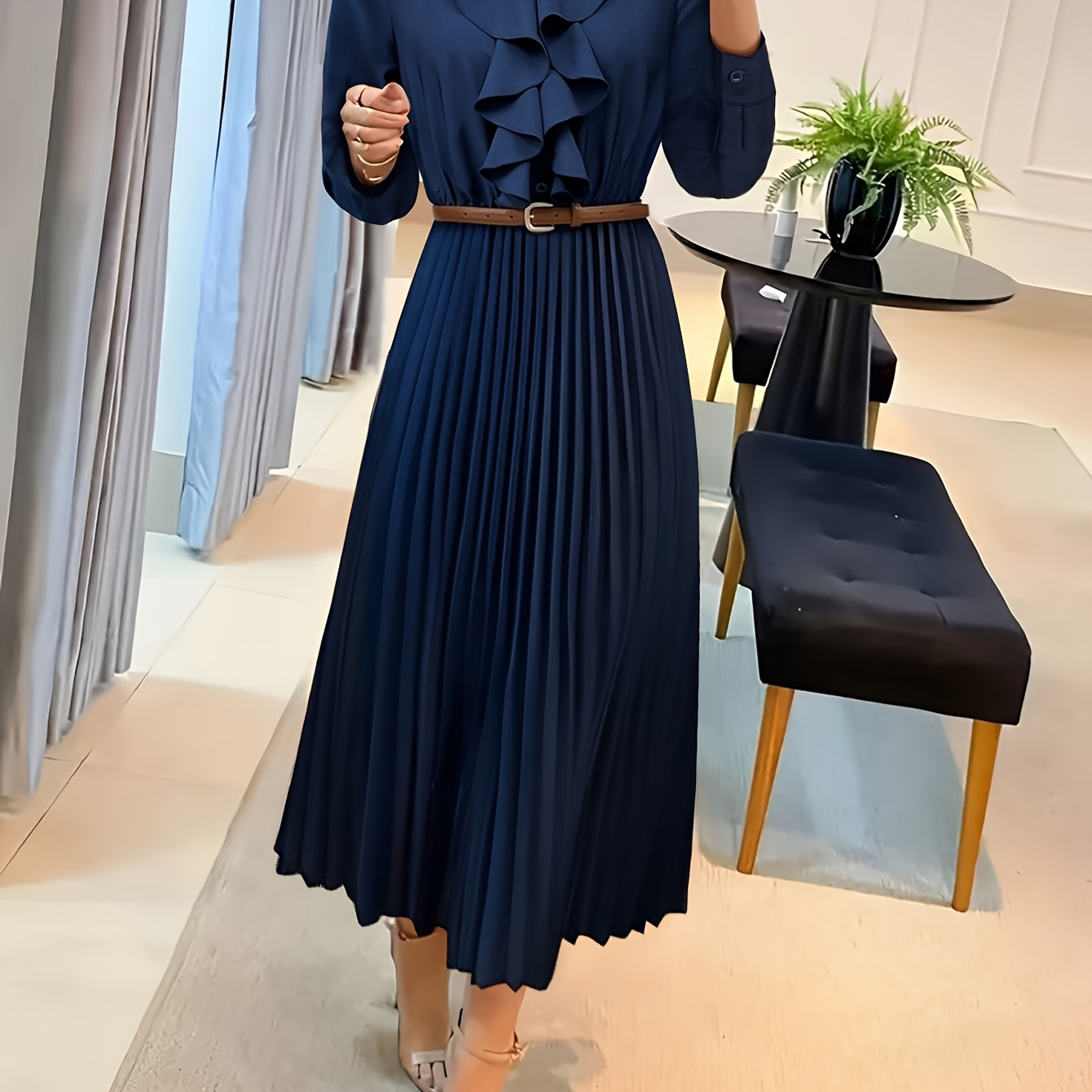 

Elegant Pleated Midi Dress With Belt - Long Sleeve, Ruffle Trim, Solid Color For Women - Spring & Fall