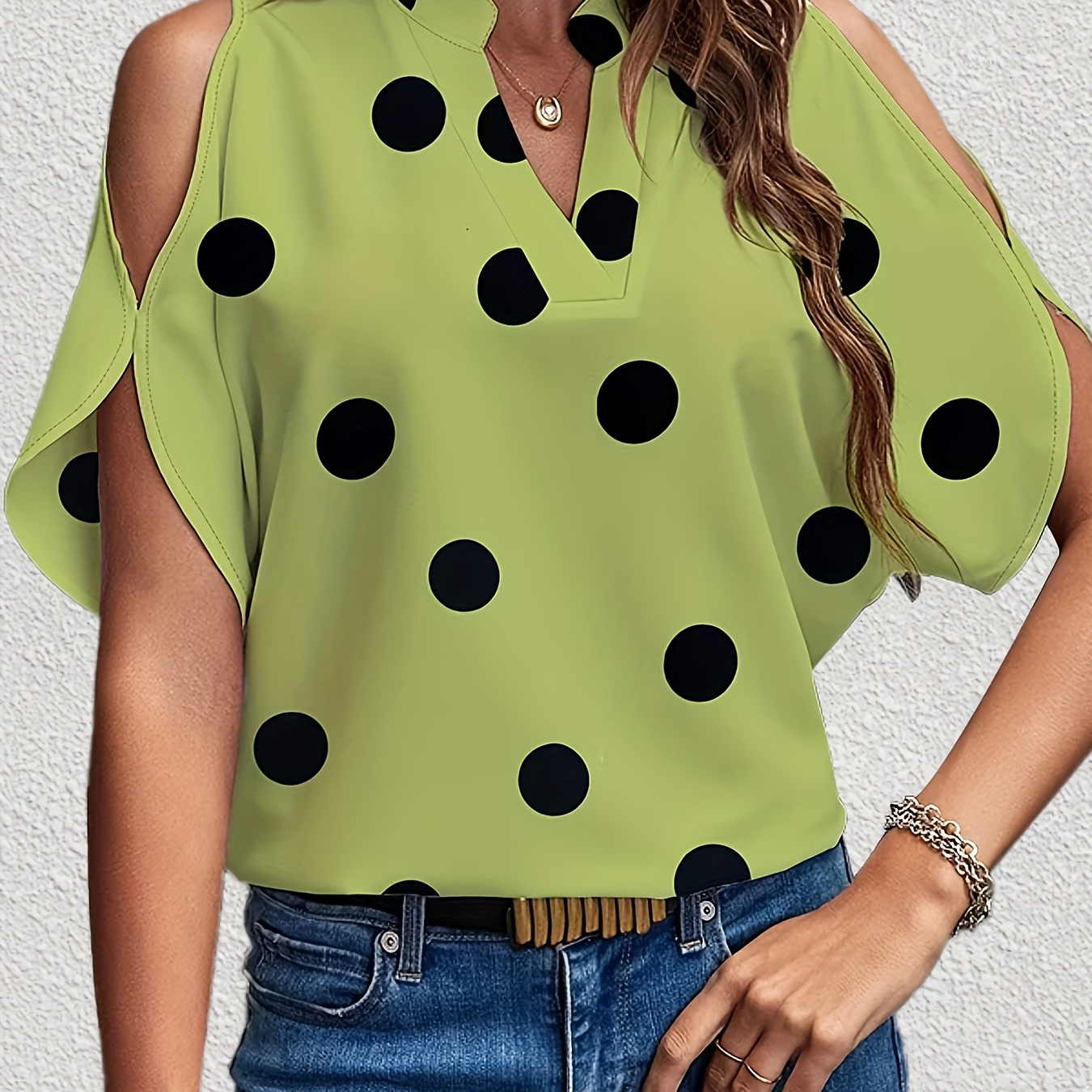 

Loose Half-sleeved Hollow Dot Open Shoulder Shirt