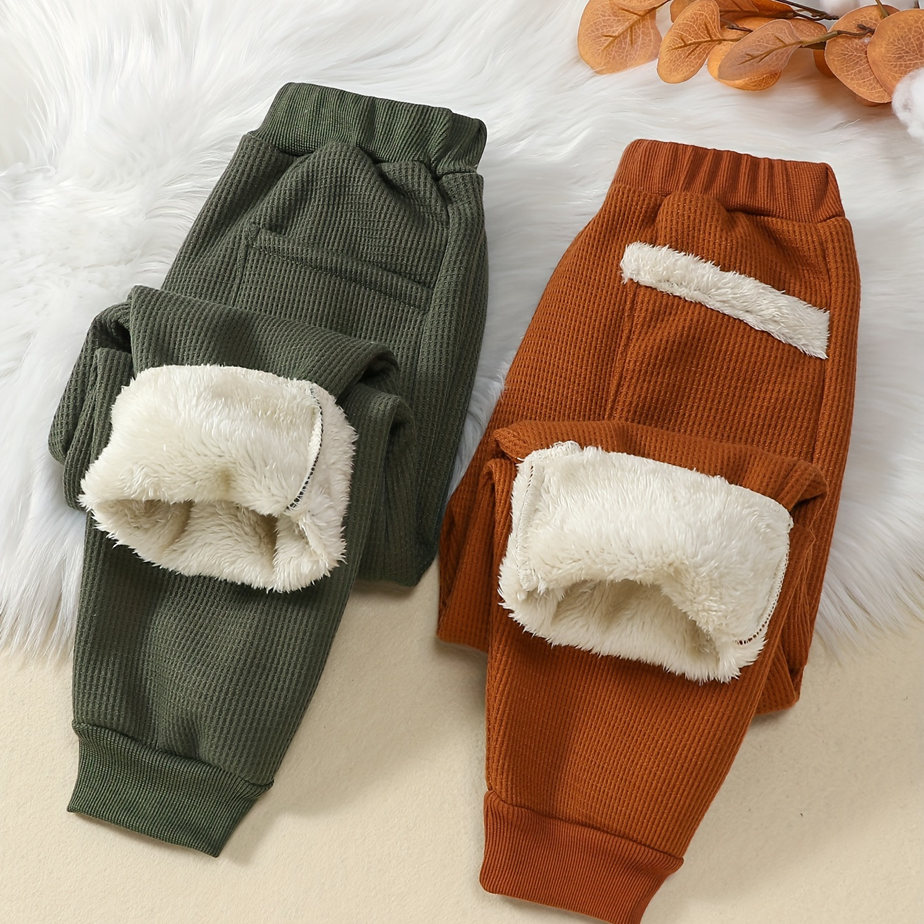 

2pcs Boys Winter Warm Fleece Lined Trousers With Pocket, Loose Fit, Comfy Elastic Waist Sports Pants For Daily & Going