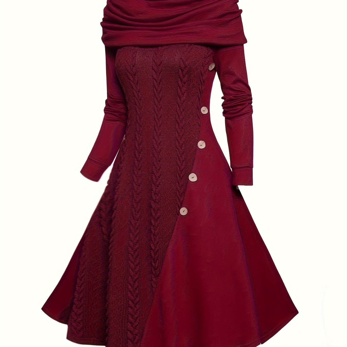 

Foldover Cowl Neck Dress, Elegant Textured Long Sleeve Solid Dress, Women's Clothing