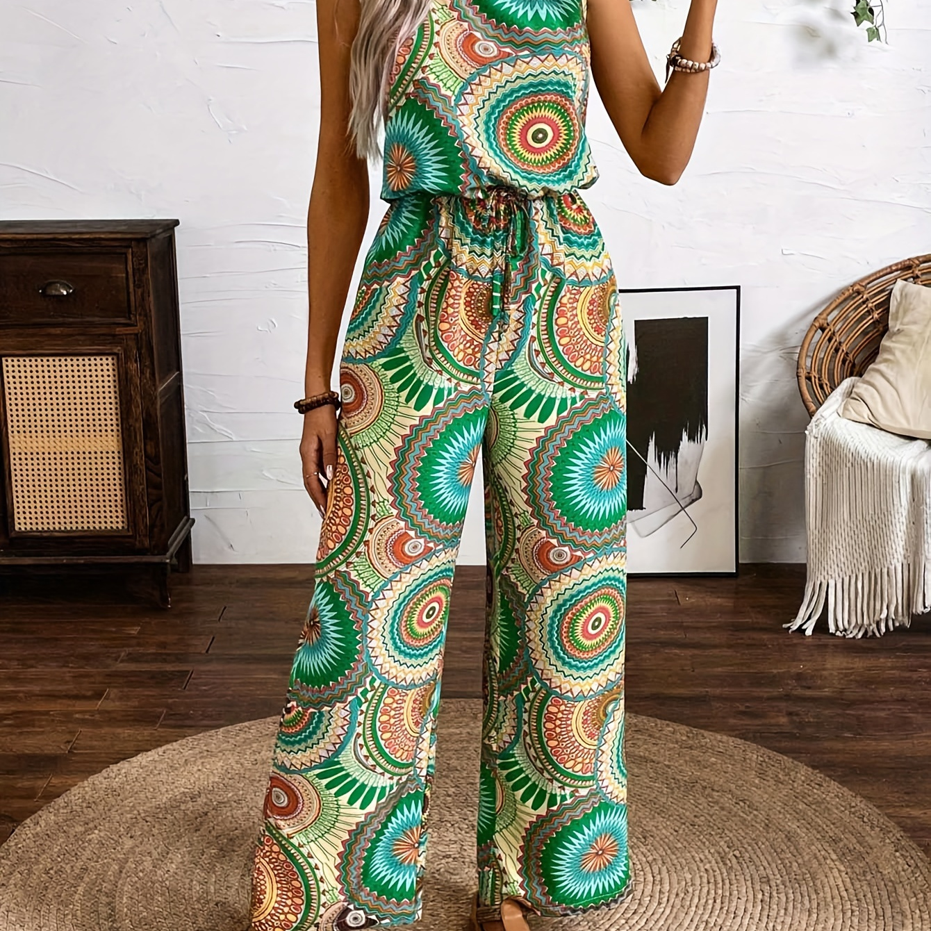 

Combinaison débardeur à col rond imprimé mandala, combinaison ample à jambes larges et taille cintrée sans manches de style vacances pour le printemps et l'été, vêtements pour femmes.