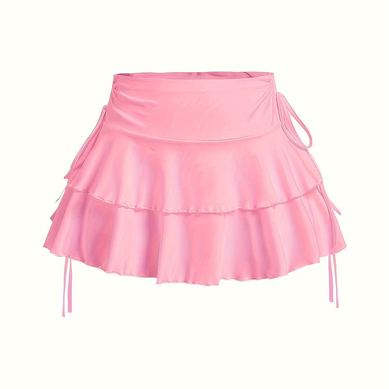 

Solid Color Drawstring Skirt, Casual Layered Ruffle Hem Mini Skirt For Spring & Summer, Women's Clothing