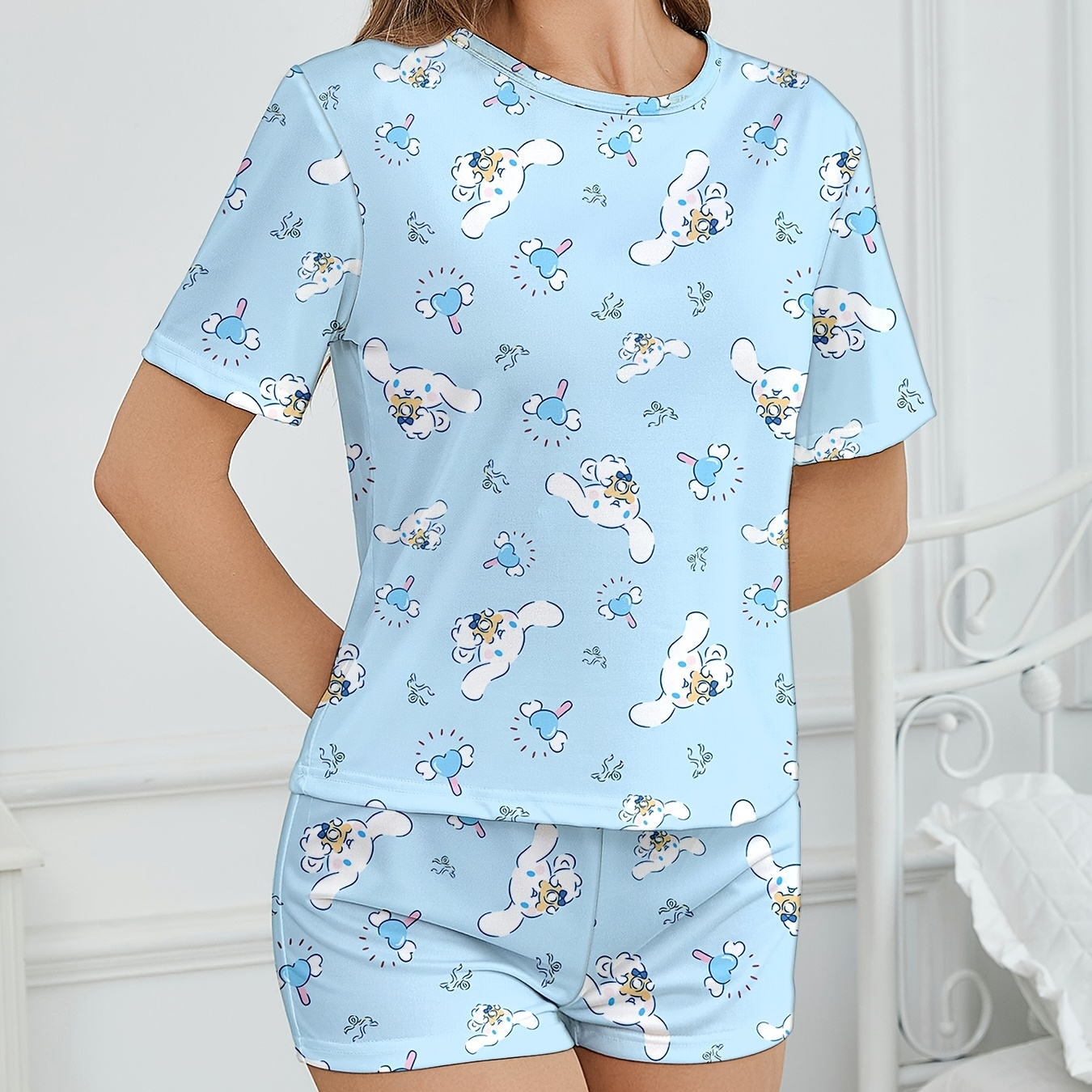 

Sanrio Cinnamoroll Women's Pajama Set, Cute Cartoon Print, Comfortable Polyester 95% Elastane 5%, Crew Neck Short Sleeve And Shorts, Knit Fabric Sleepwear, 140gsm