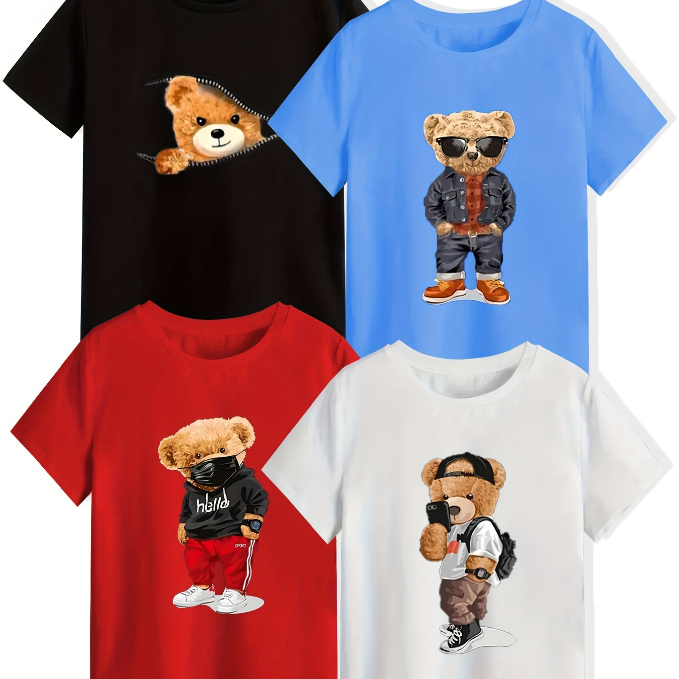 

4pcs Cute Bear-themed Print T-shirts For Boys - Cool, Lightweight And Comfy Summer Clothes!