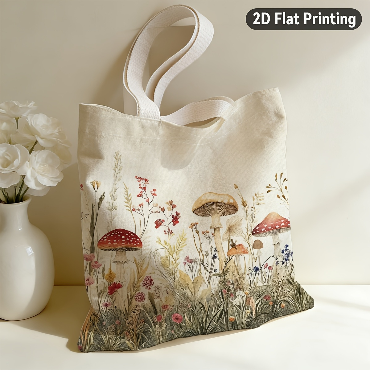 TEMU Sac plat 2D 1pc Aquarelle et Floral Durable, Duplex Design Fantaisiste de Forêt et Fleurs , Parfait pour le Supermarché, -, les Visites de Café