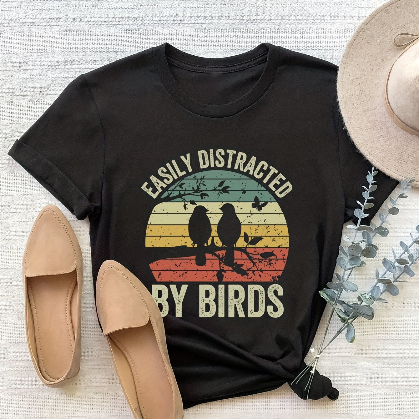 

Bird Print Crew Neck T-shirt, Casual Short Sleeve T-shirt For Spring & Summer, Women's Clothing