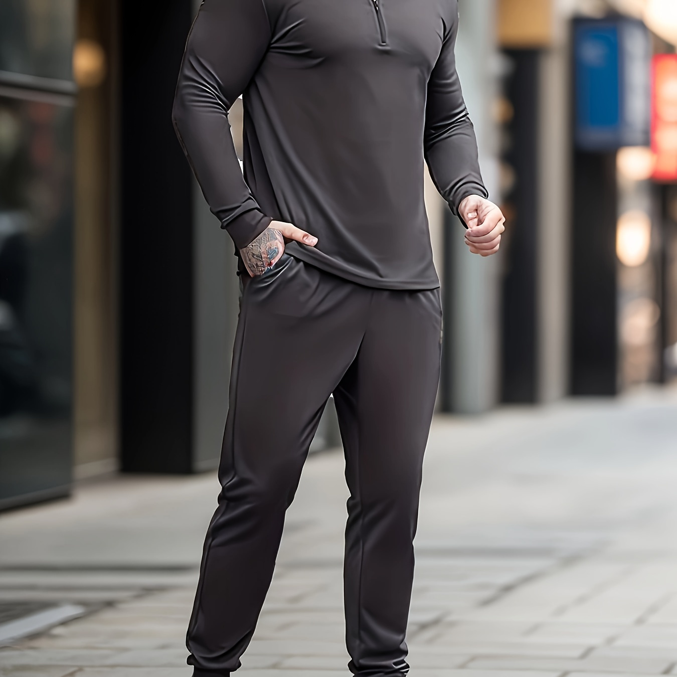 Plus Size Men's Solid Color Long Sleeve Top & Sweatpants Set V-neck Loose  Oversized Crew Neck Sweatshirt Plus Sports Suit Male Gym Clothes Running Gea