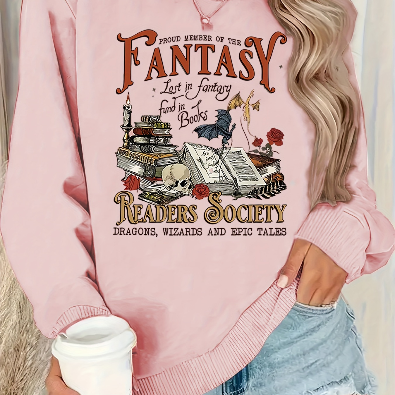 

Plus Size Book & Letter Print Sweatshirt, Casual Long Sleeve Crew Neck Sweatshirt, Women's Plus Size Clothing