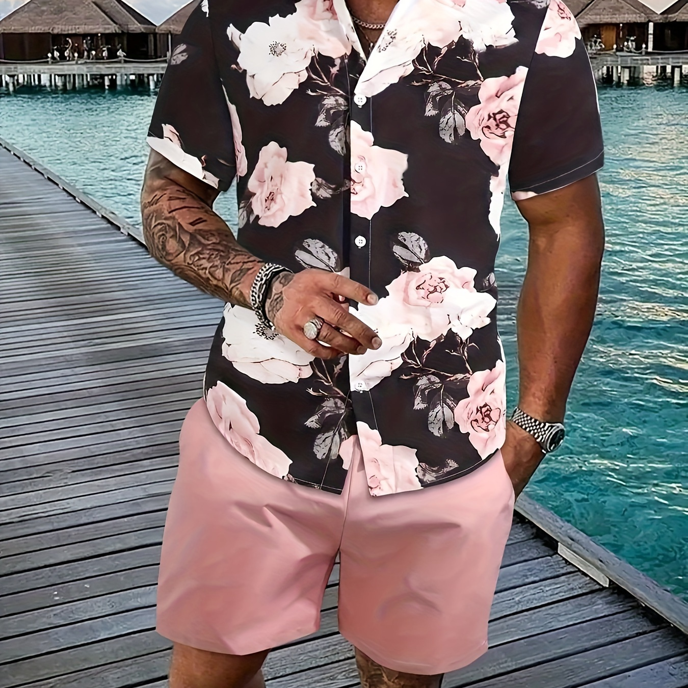 

2-piece Men's Vintage Summer Vacation Outfit Set, Men's Roses Print Short Sleeve Lapel Shirt & Solid Pocket Shorts Co Ord Set