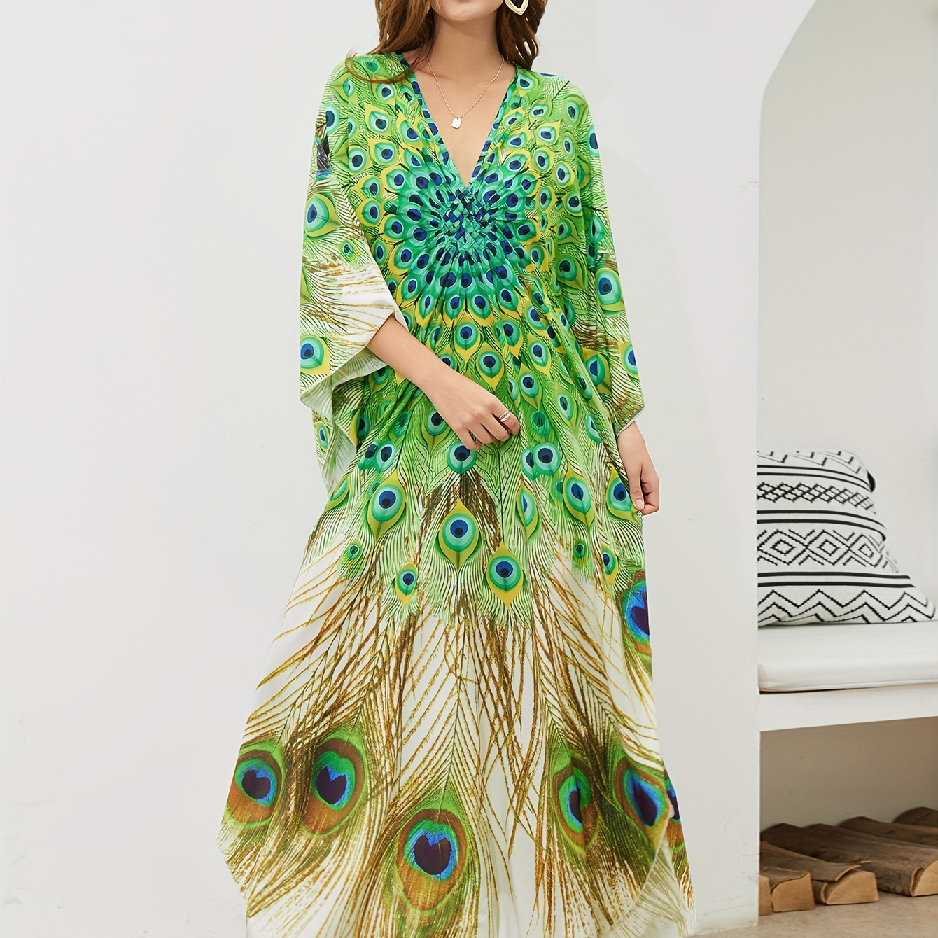 

Women's Boho Style Cover Up, Plus Size Peacock Feather Print V Neck Loose Fit Vacay Beach Kaftan Dress