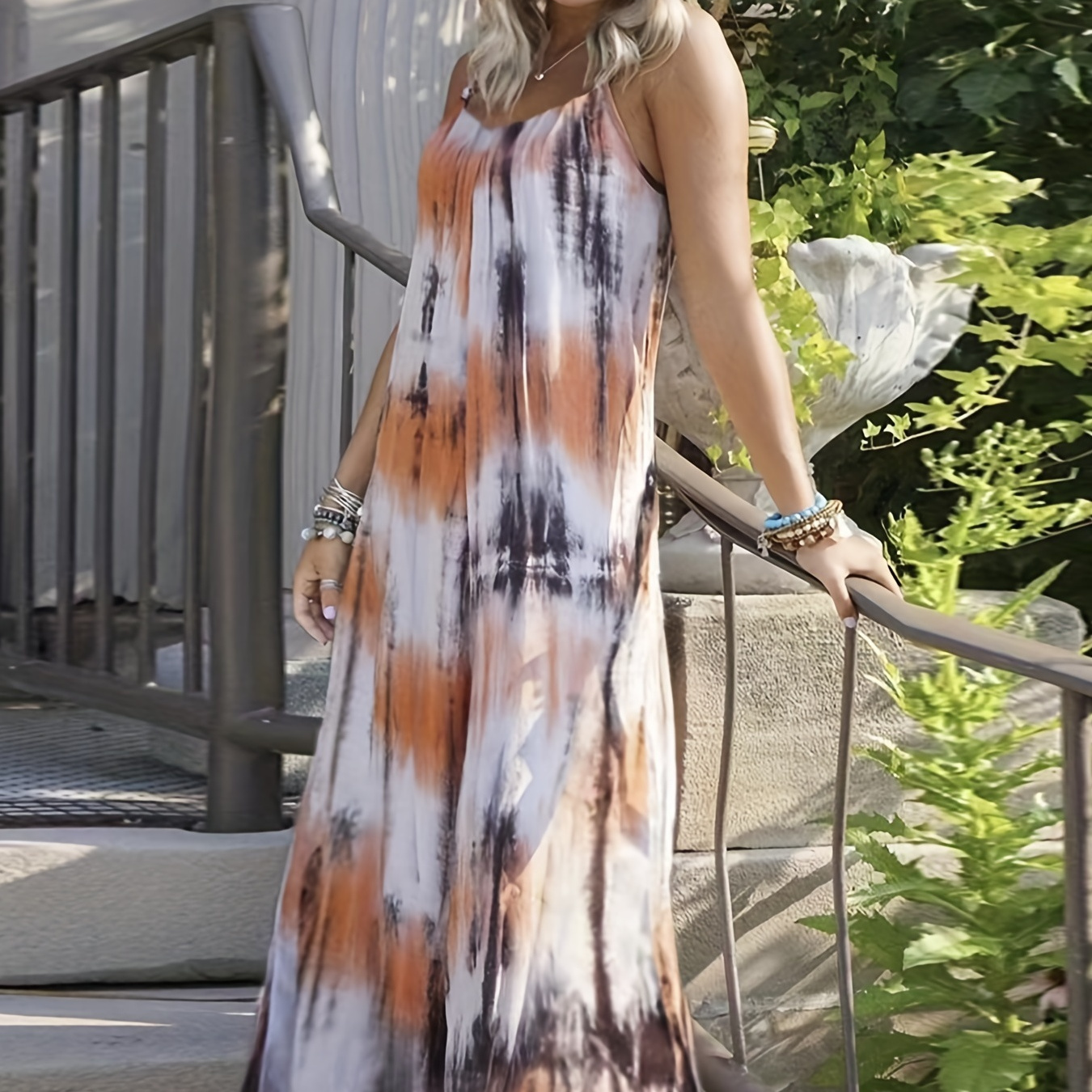 

Plus Size Casual Dress, Women's Plus Tie Dye V Neck Medium Stretch Loose Cami Maxi Dress